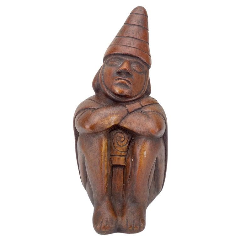 Peruanische figurale geschnitzte Holzskulptur aus Holz nach Moche-Stirrup-Gefäß, Dreamer