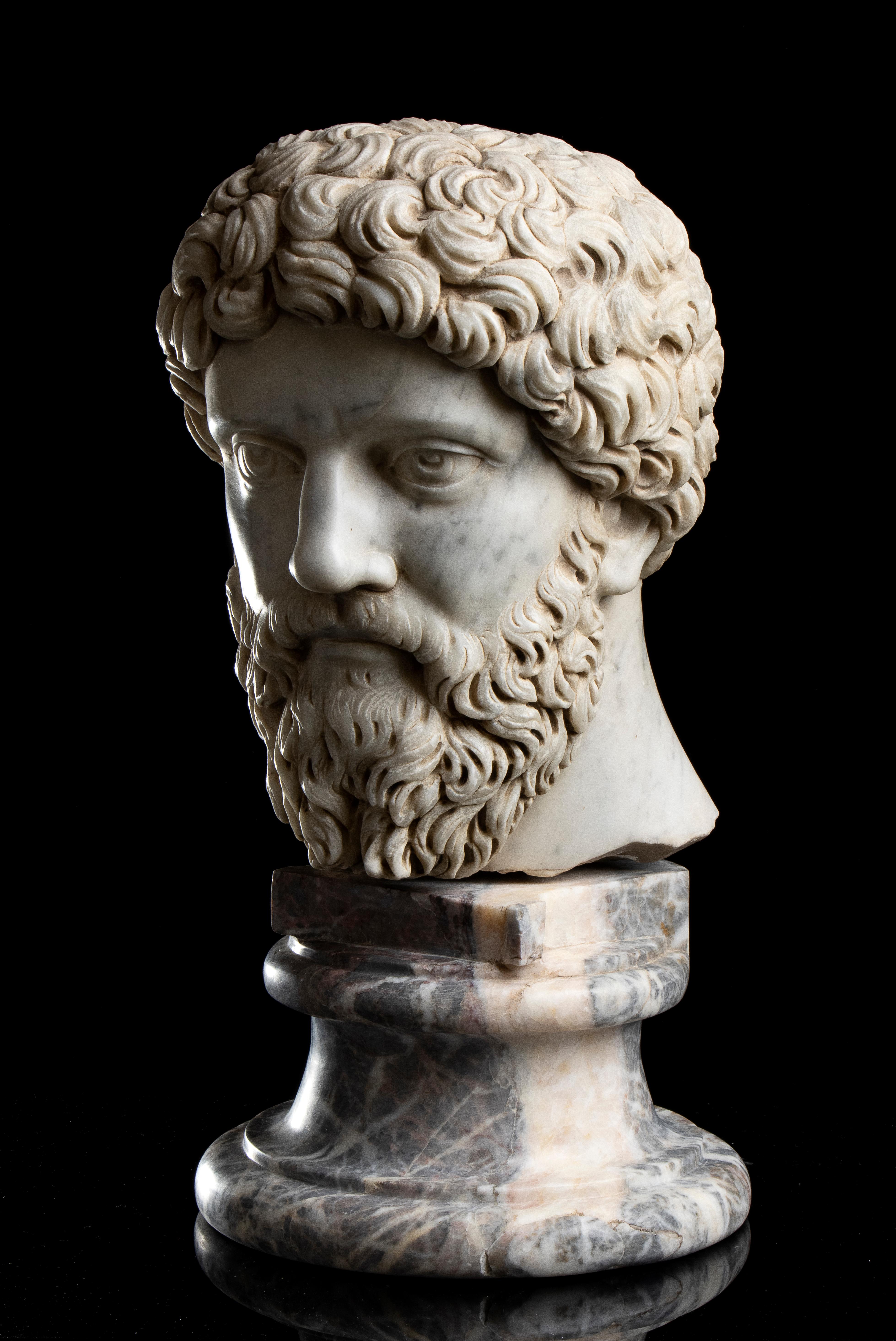 Polychrome Marmorskulptur Porträt Kaiser Marcus Aurelius Italienisch 19. (Sonstige Kunststile), Sculpture, von Unknown