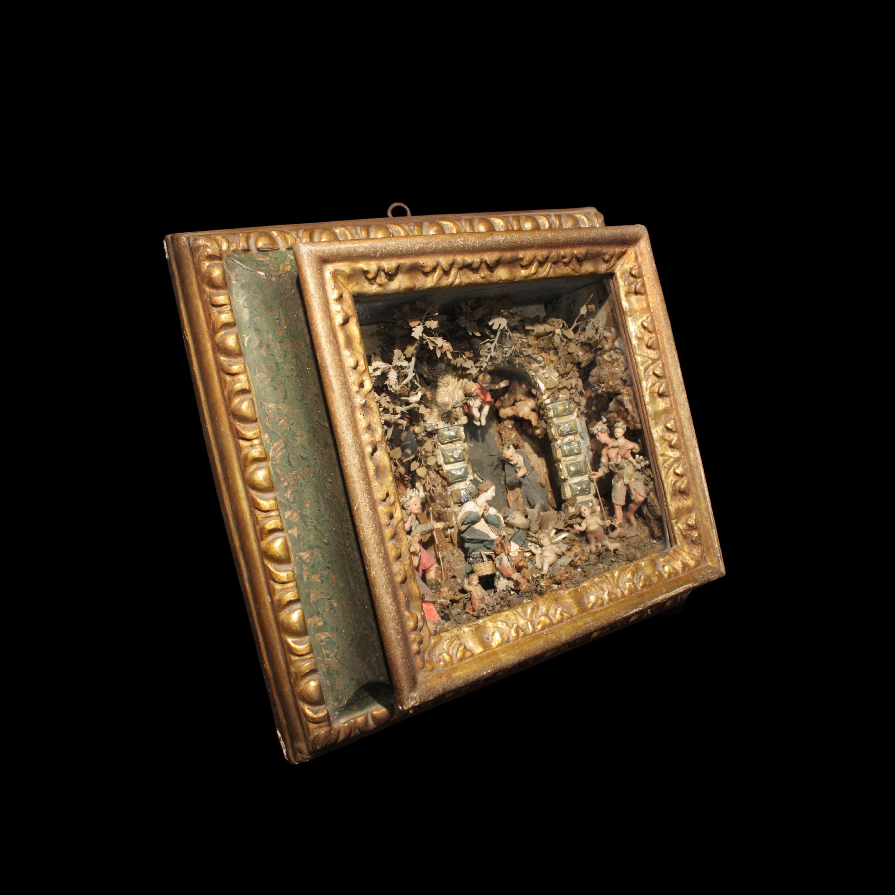 16th century Neapolitan nativity scene in gilded and marbled frame - Sculpture by Unknown