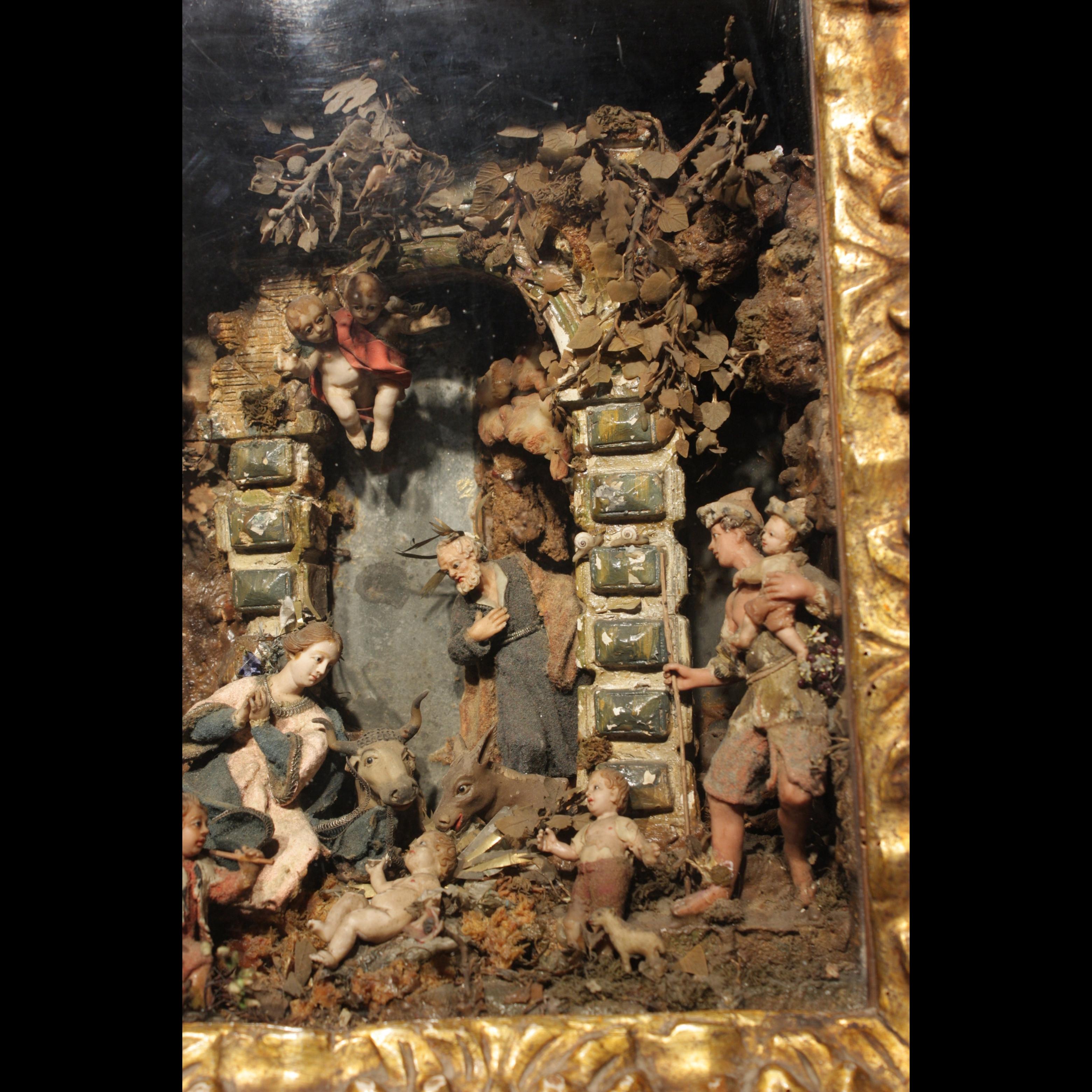 16th century Neapolitan nativity scene in gilded and marbled frame For Sale 1