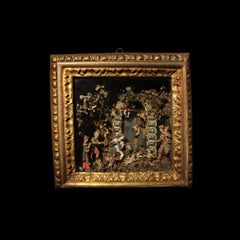 16th century Neapolitan nativity scene in gilded and marbled frame