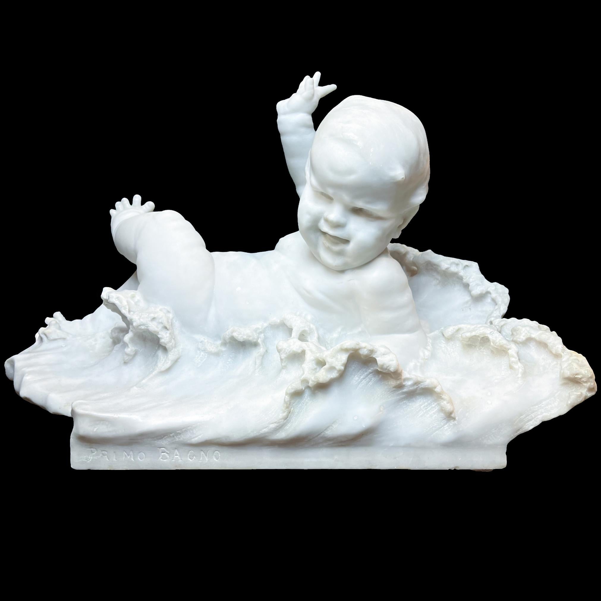 Unknown Nude Sculpture - "Primo Bagno" marble figural statue of baby by Felice Carselli