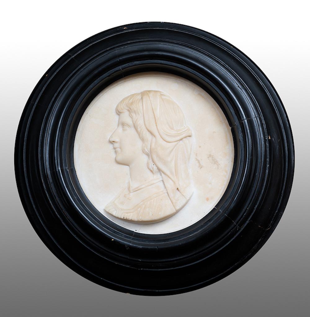 Unknown Figurative Sculpture - Antique white marble statuary profile with ebonized wood frame.