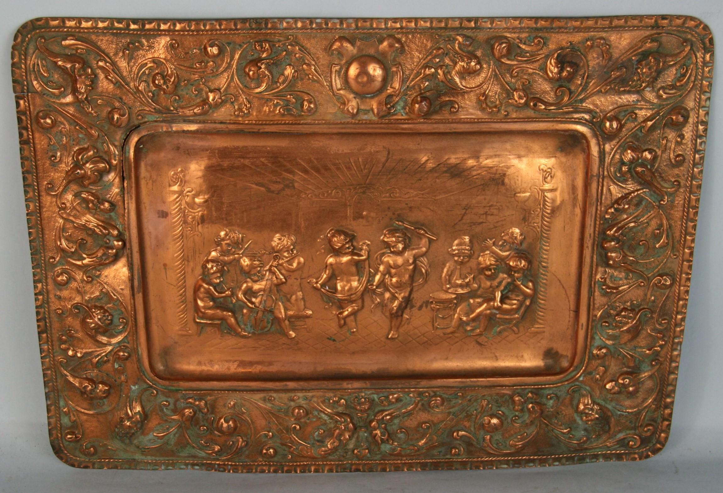 Putti Band Playing Embossed Copper Wall Sculpture - Brown Figurative Sculpture by Unknown