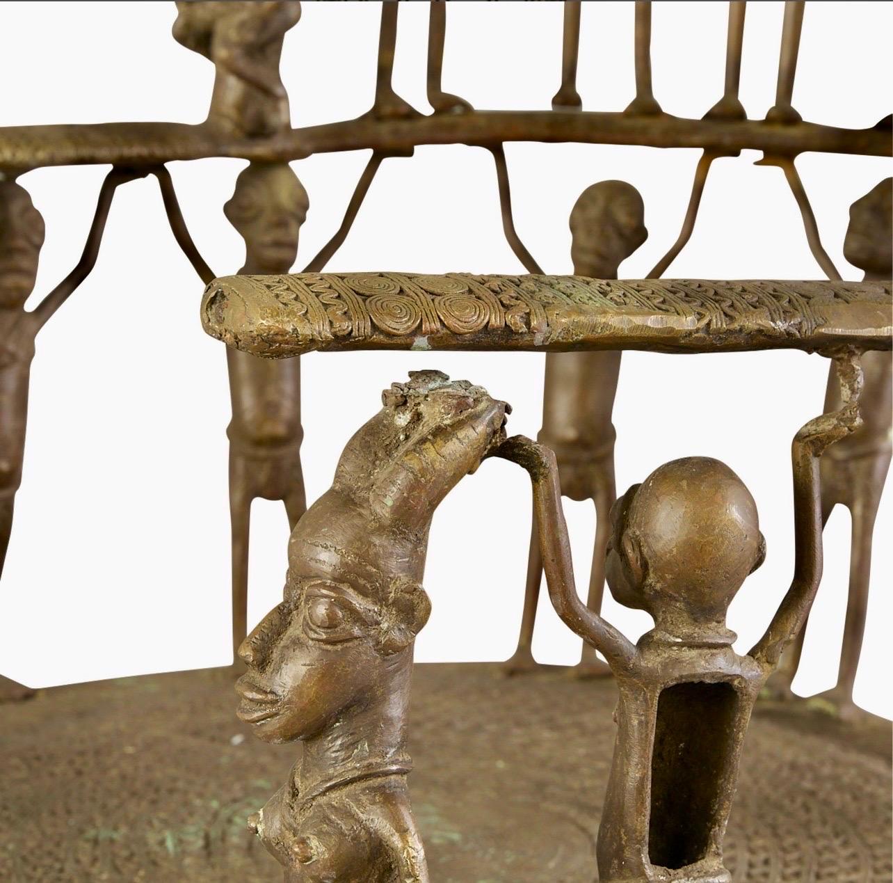 Rare African Solid Benin Bronze Ceremonial Throne Chair Multi Figure Sculpture For Sale 7