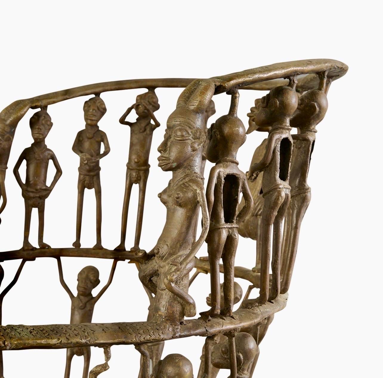 Rare African Solid Benin Bronze Ceremonial Throne Chair Multi Figure Sculpture For Sale 8
