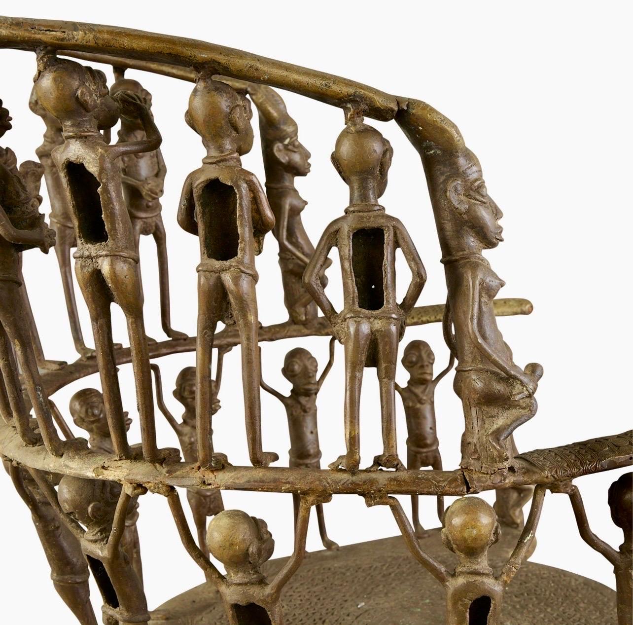 Rare African Solid Benin Bronze Ceremonial Throne Chair Multi Figure Sculpture For Sale 9