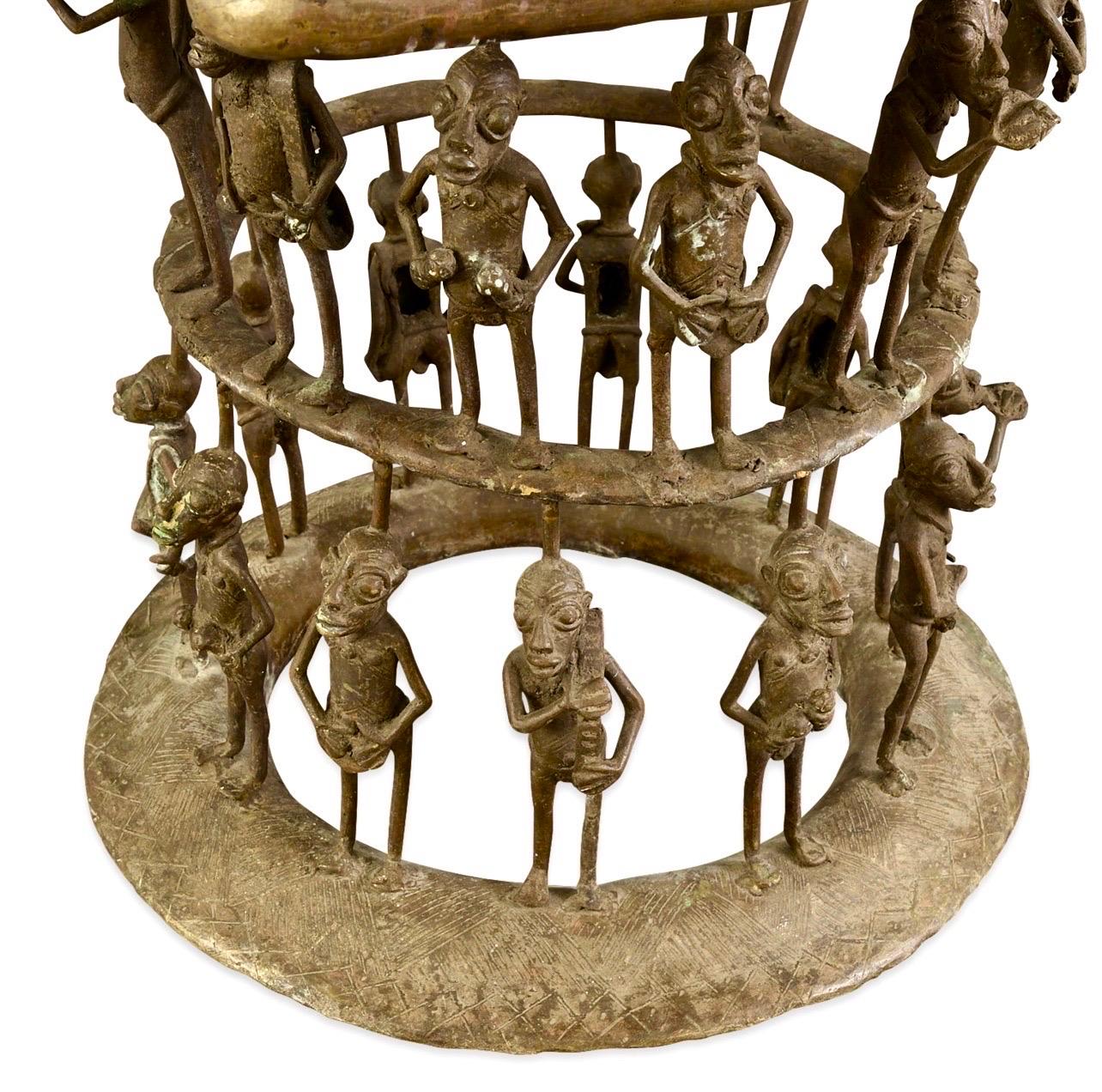 Rare African Solid Benin Bronze Ceremonial Throne Chair Multi Figure Sculpture For Sale 11