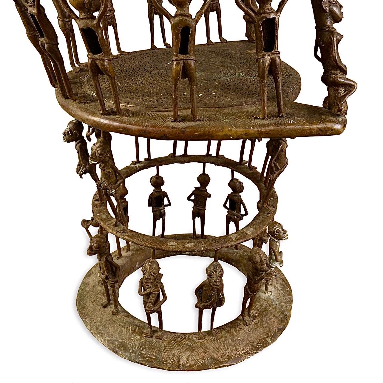 Rare African Solid Benin Bronze Ceremonial Throne Chair Multi Figure Sculpture For Sale 12