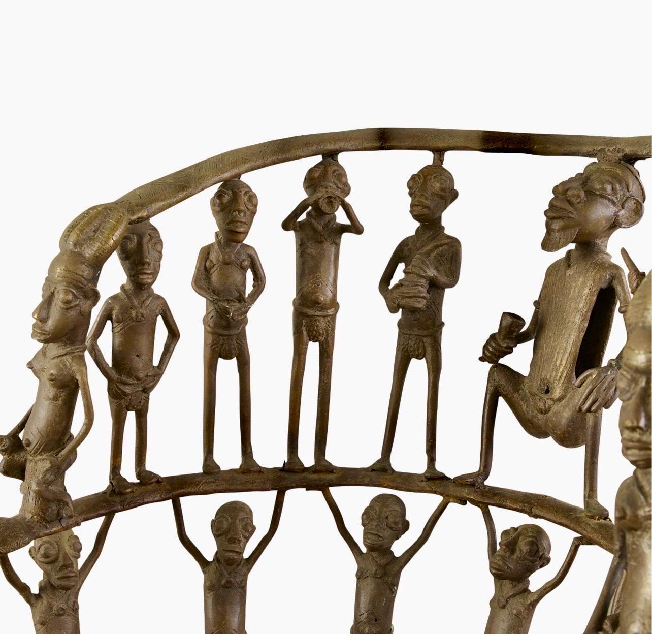Rare African Solid Benin Bronze Ceremonial Throne Chair Multi Figure Sculpture For Sale 14