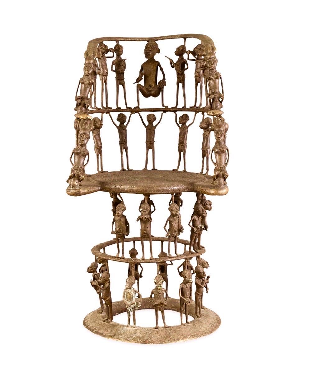 Rare African Solid Benin Bronze Ceremonial Throne Chair Multi Figure Sculpture - Gold Figurative Sculpture by Unknown