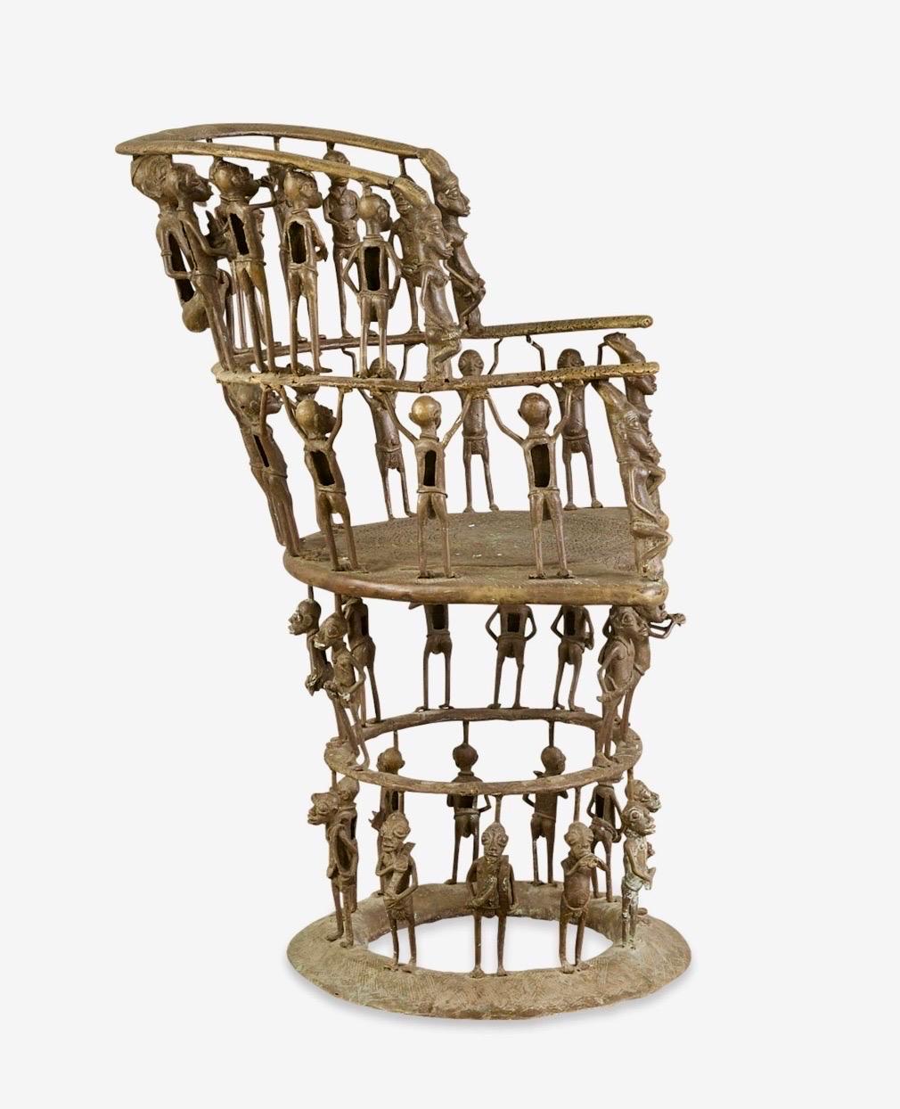 Handmade Benin sculptural tribal bronze figural judgement throne chair. The base of the chair with two tiers of standing figures. The back of the chair with two more tiers of standing and squatting figures. Incised and applied abstract geometric