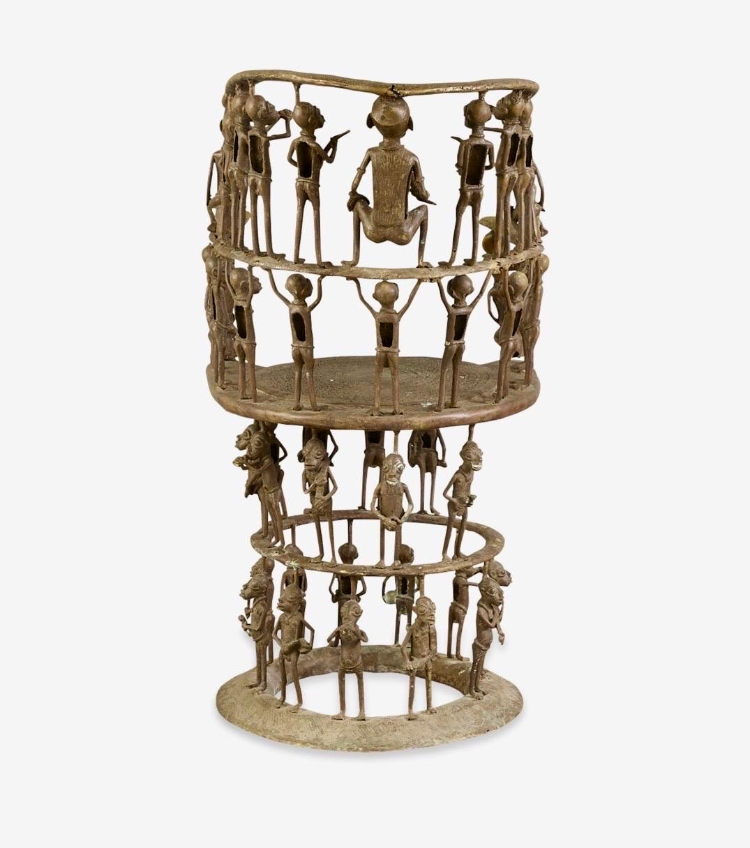 Rare African Solid Benin Bronze Ceremonial Throne Chair Multi Figure Sculpture For Sale 2