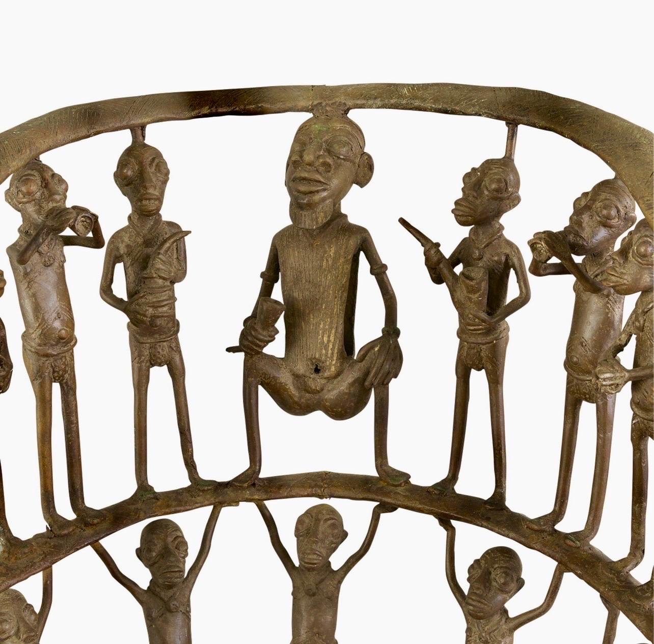 Rare African Solid Benin Bronze Ceremonial Throne Chair Multi Figure Sculpture For Sale 3