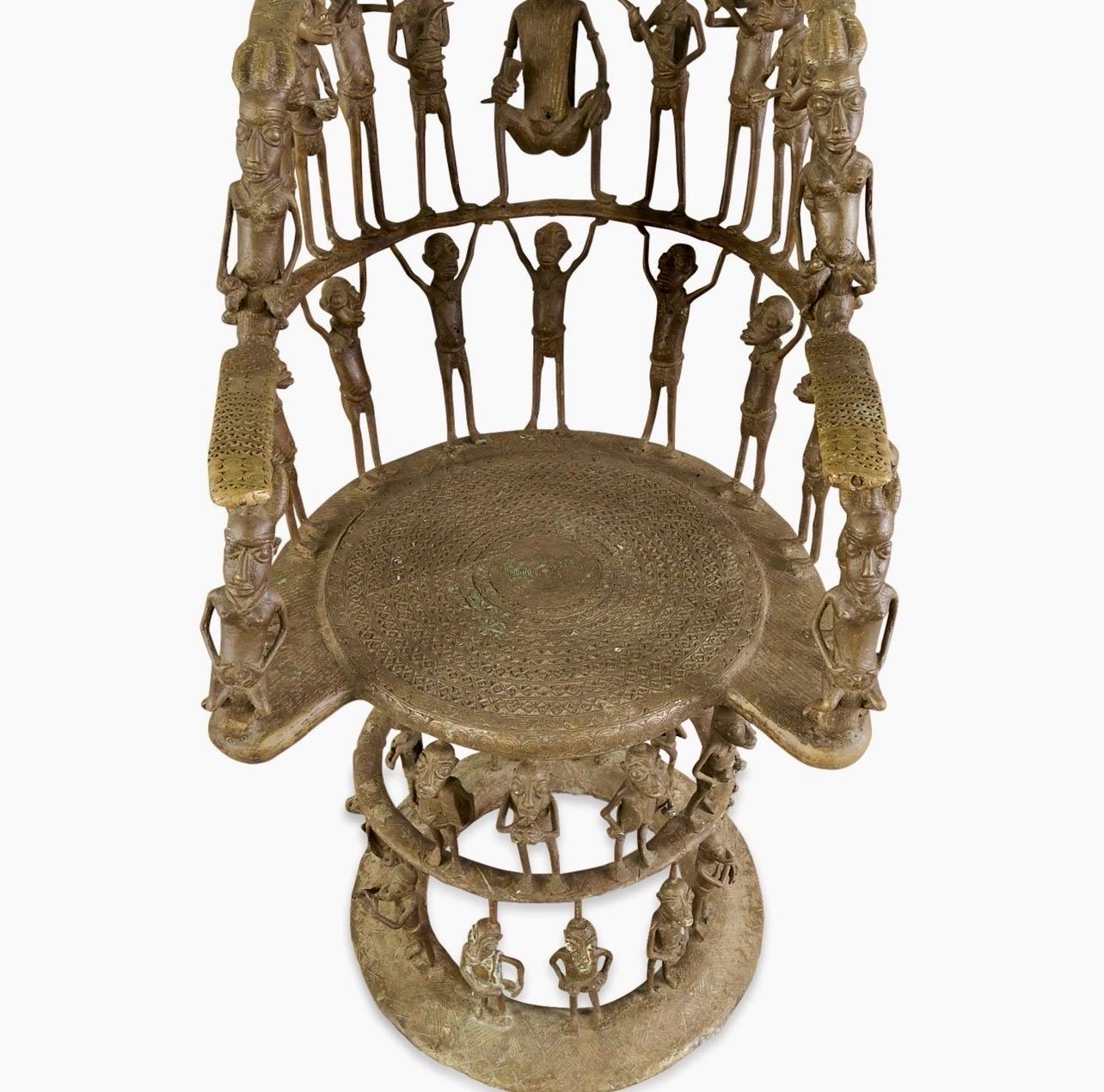 Rare African Solid Benin Bronze Ceremonial Throne Chair Multi Figure Sculpture For Sale 4