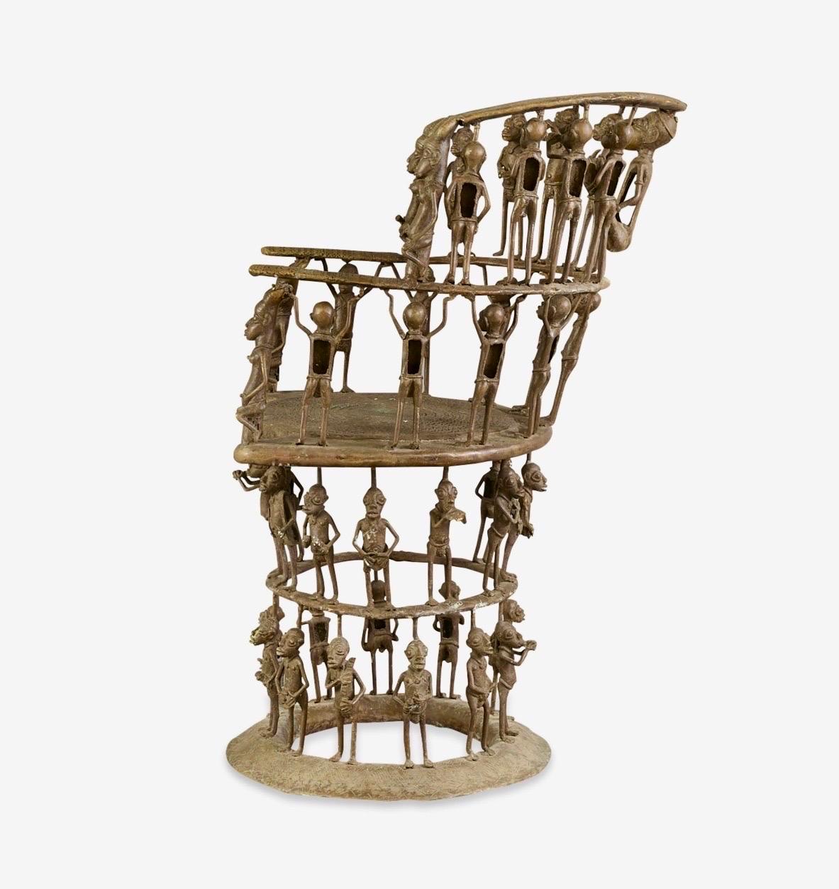 Rare African Solid Benin Bronze Ceremonial Throne Chair Multi Figure Sculpture For Sale 5