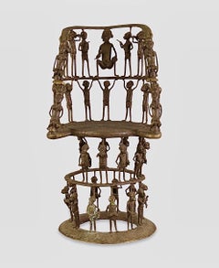 Rare African Solid Benin Bronze Ceremonial Throne Chair Multi Figure Sculpture