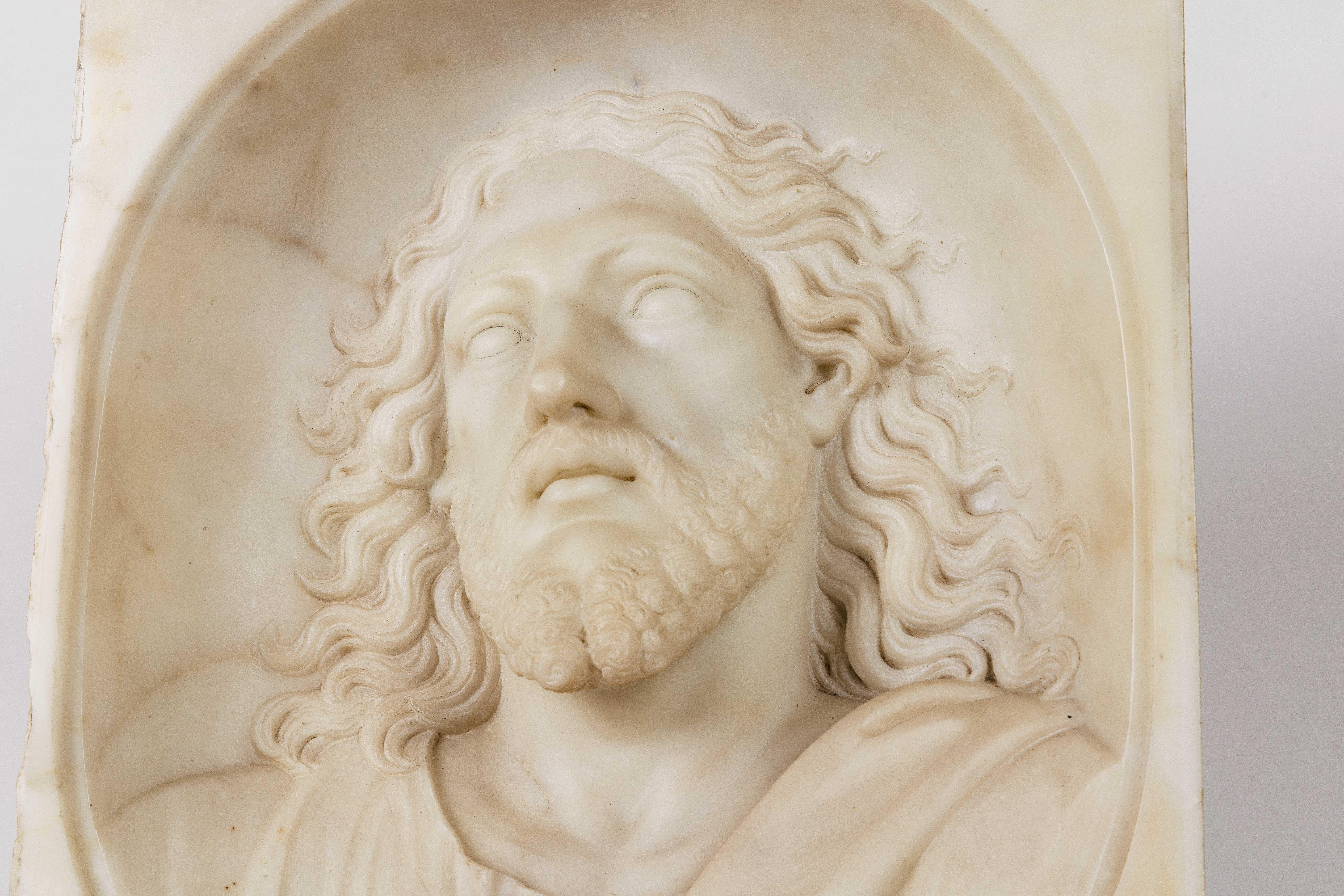 Seltene und bedeutende italienische Büste aus weißem Marmor von Jesus Christus, um 1850

Ein wirklich außergewöhnlich geschnitztes Marmorrelief des Heiligen Jesus Christus. Sehr kraftvoll und dramatisch - eine museumswürdige Skulptur. 

Unsigniert,
