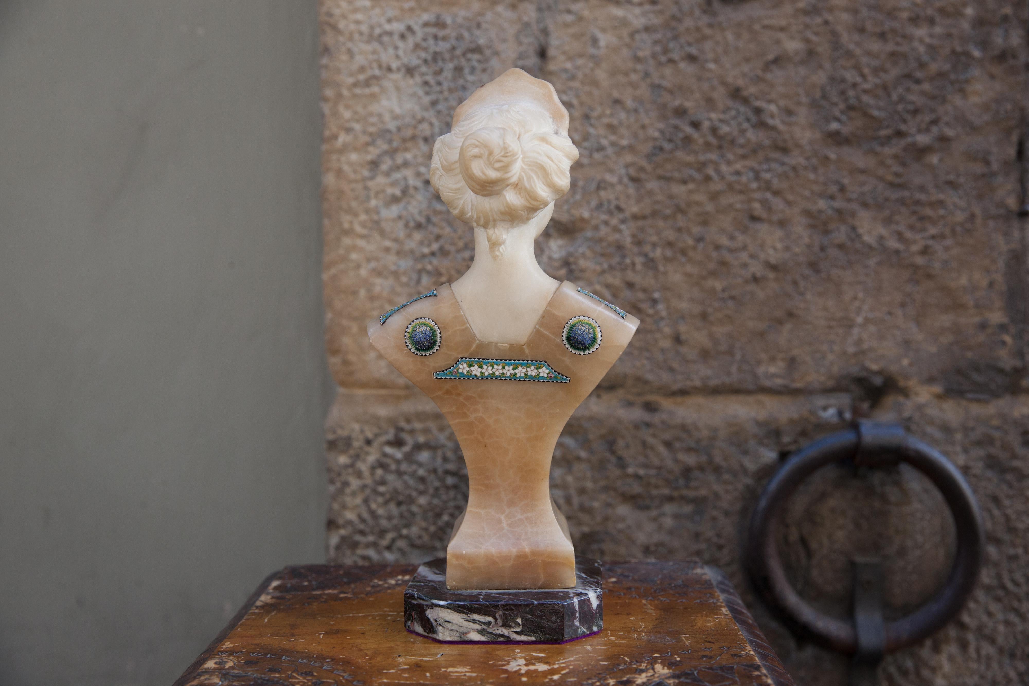 Raro busto Art Nouveau in alabastro e micromosaico For Sale 8