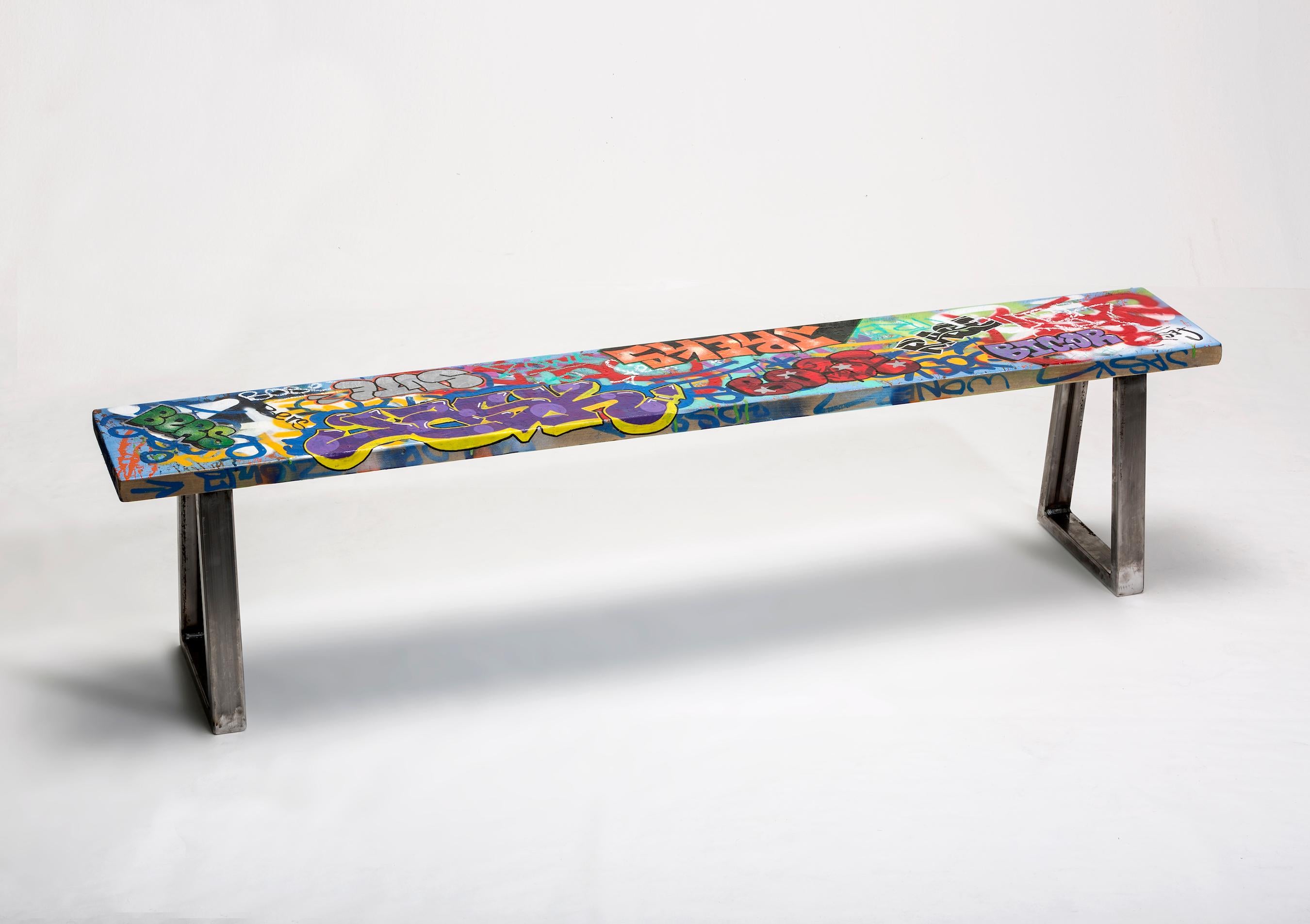 Unknown Abstract Sculpture - "Rase Alley" Large Colorful Graffiti Tagged Wood Bench