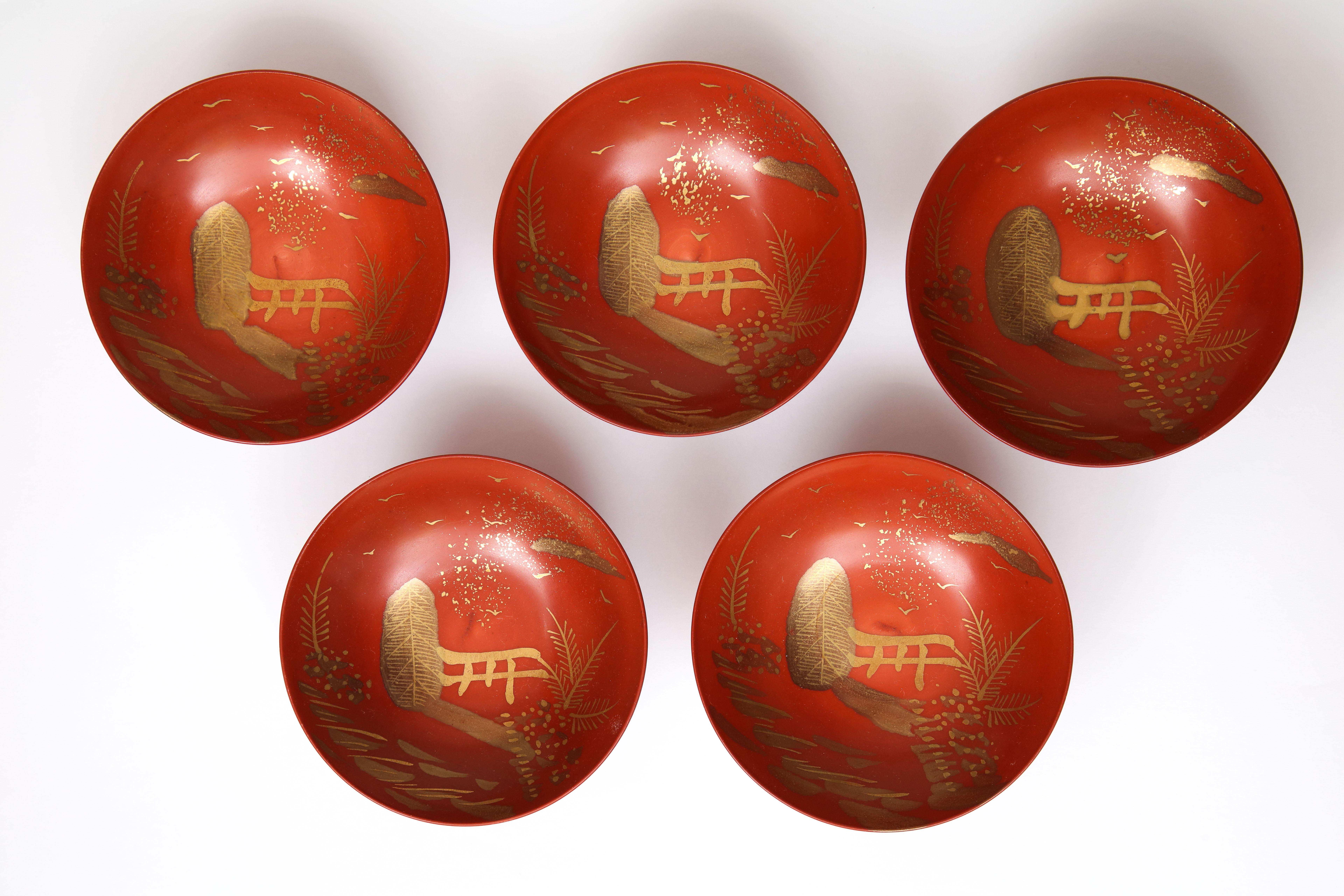 Five gorgeous and petite Japanese bowls hand painted in red and pure gold. Each bowl has artist's signature marked.

These precious gems are delivering chic, modern and international positive vibes into any home setting! 