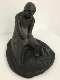 Rest in My Mind...playful figures of girl and cat, childhood, bronze, unique art
