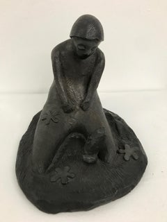 Rest in My Mind...playful figures of girl and cat, childhood, bronze, unique art