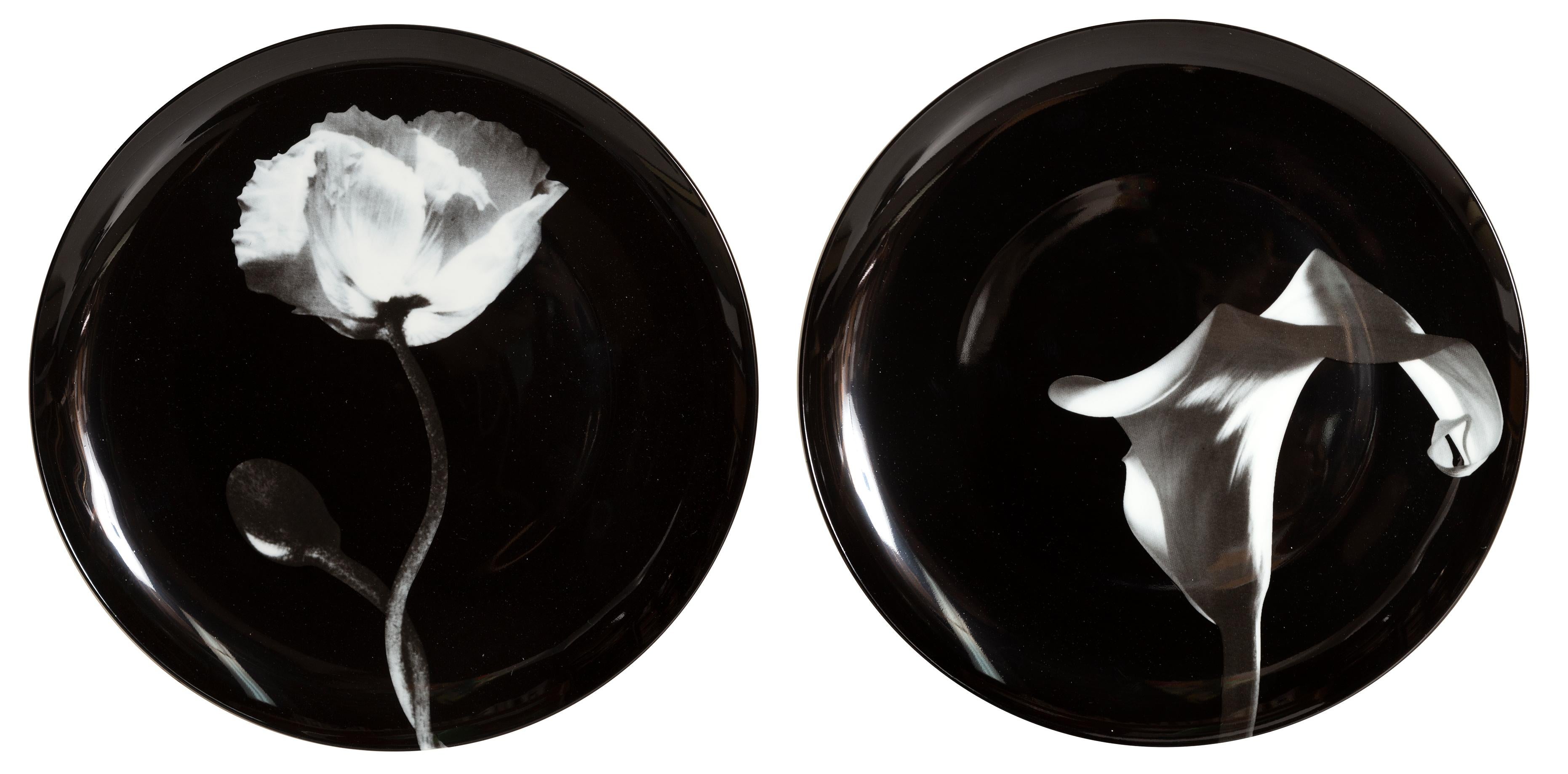 A pair of limited edition ceramic plates incorporating Robert Mapplethorpe’s Cala Lily and Poppy Flower photographic images. This set is new, plastic-wrapped in box, mint condition. Published by Nuit Blanche, Paris in conjunction with the Robert