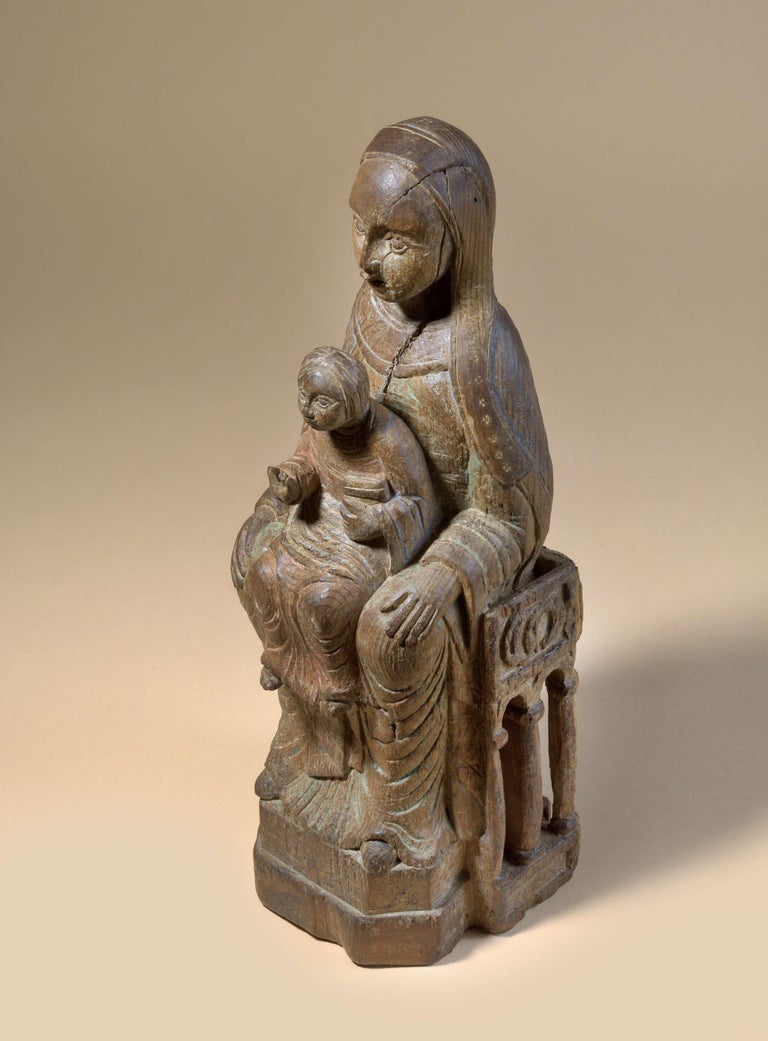 Romanesque Madonna - 15th Century, Gothic, Wooden, Figurative Sculpture, Brown For Sale 1