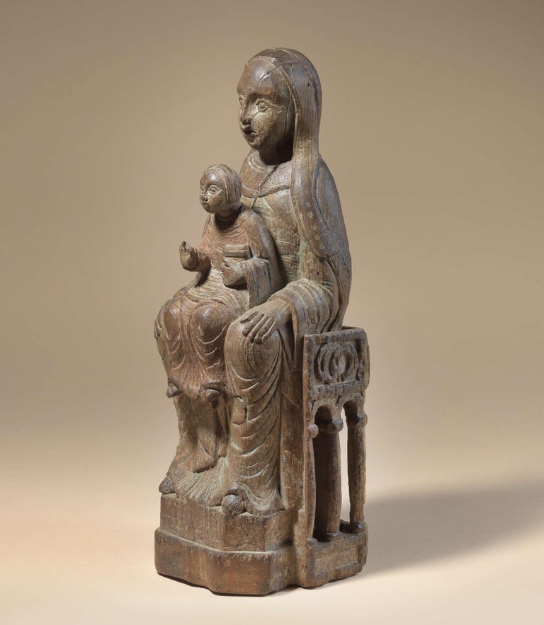 Romanesque Madonna - 15th Century, Gothic, Wooden, Figurative Sculpture, Brown For Sale 4