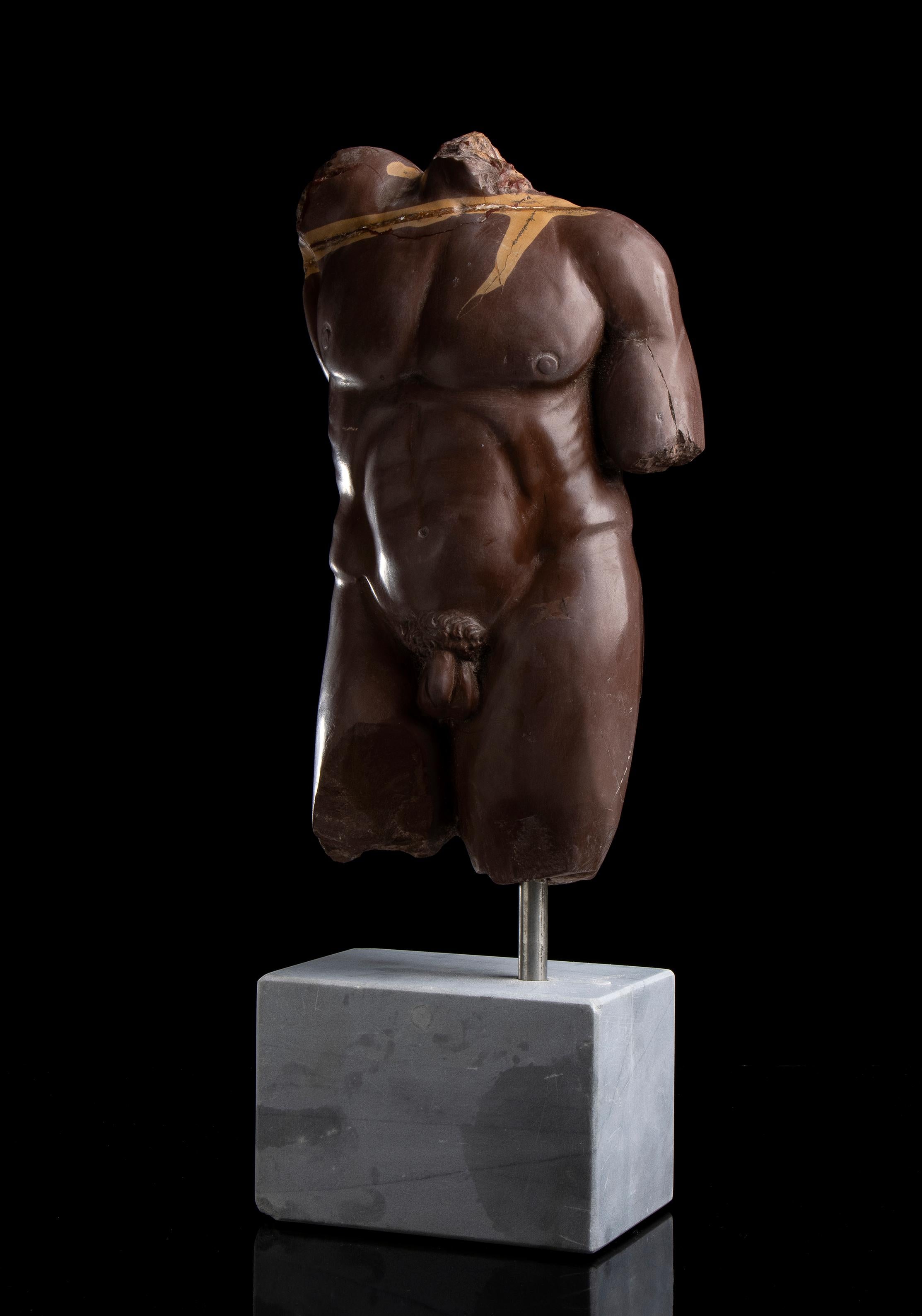 Rosso Antico Marble Torso Sculpture Nude Male of Athlete Classical Greek Roman - Black Nude Sculpture by Unknown