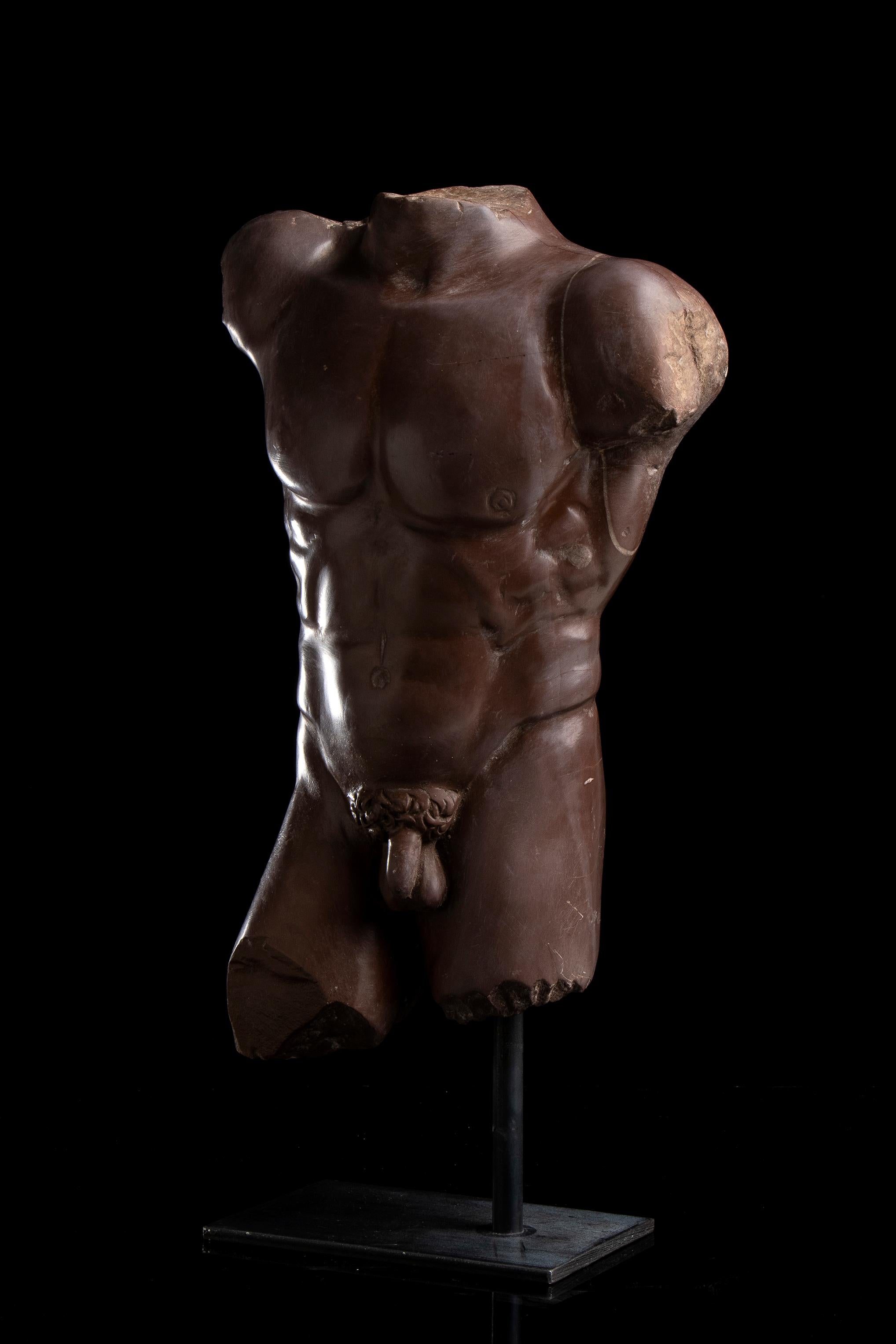 The torso with well highlighted muscles would seem in line with the figures of the athletes and the Diadumenos in particular. It is a naked figure who rests his weight on his left leg with a slight upward inclination of his right shoulder, in a