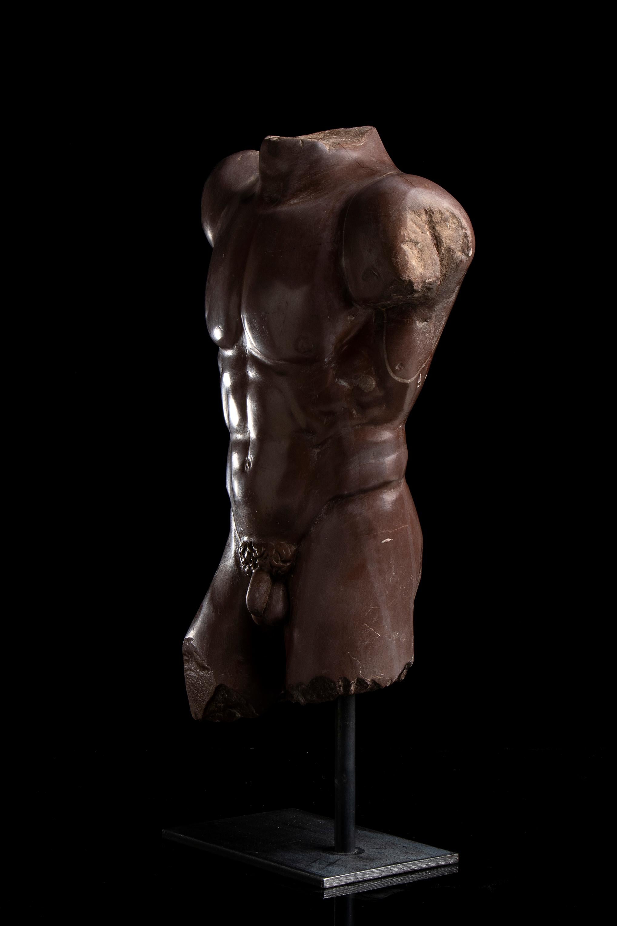 Rosso Antico Specimen Marble Male Sculpture Torso of Athlete Nude Figurative 1