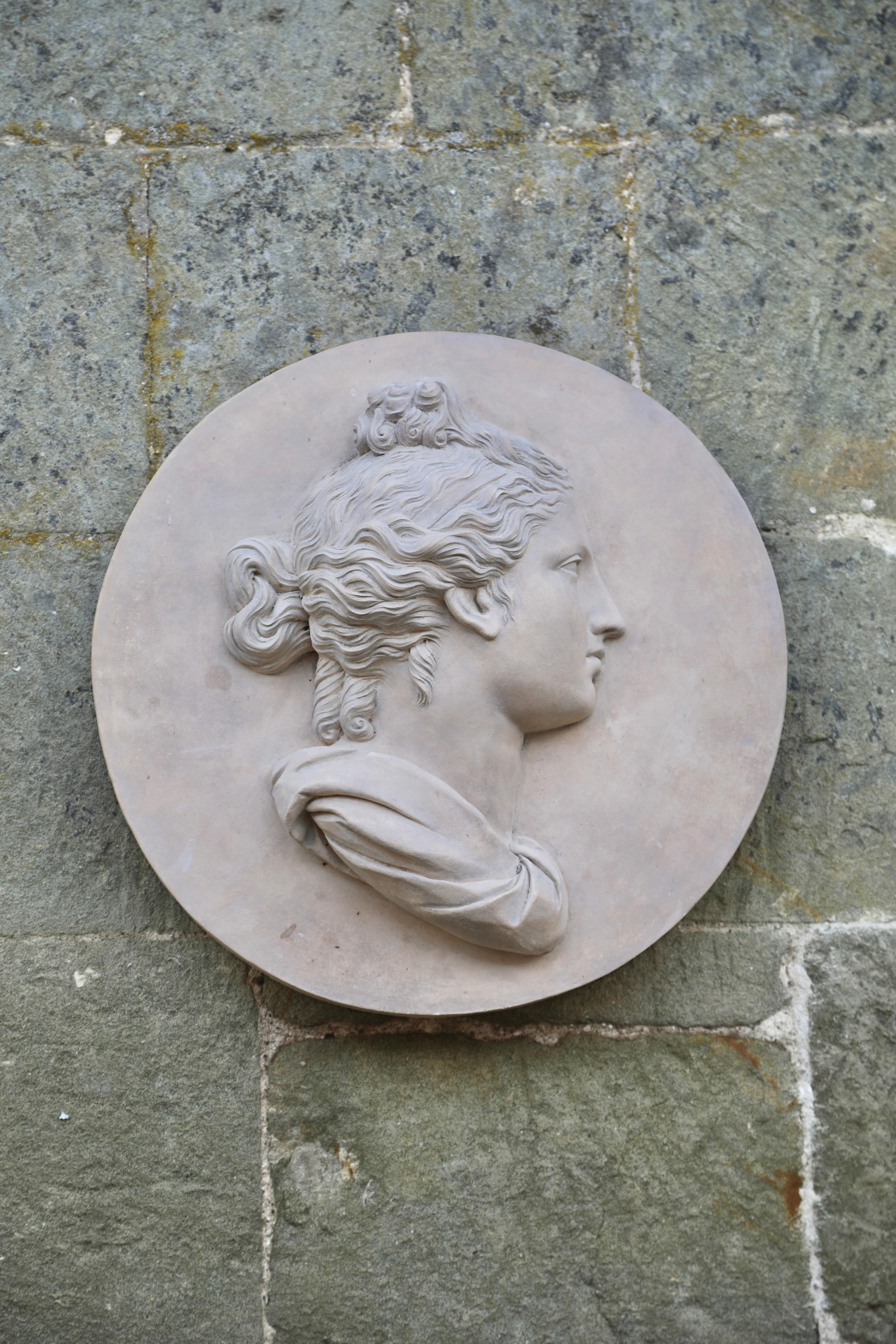 Coade Stone Decorative Roundel of a Portrait of a Female Head in Classical Style For Sale 7