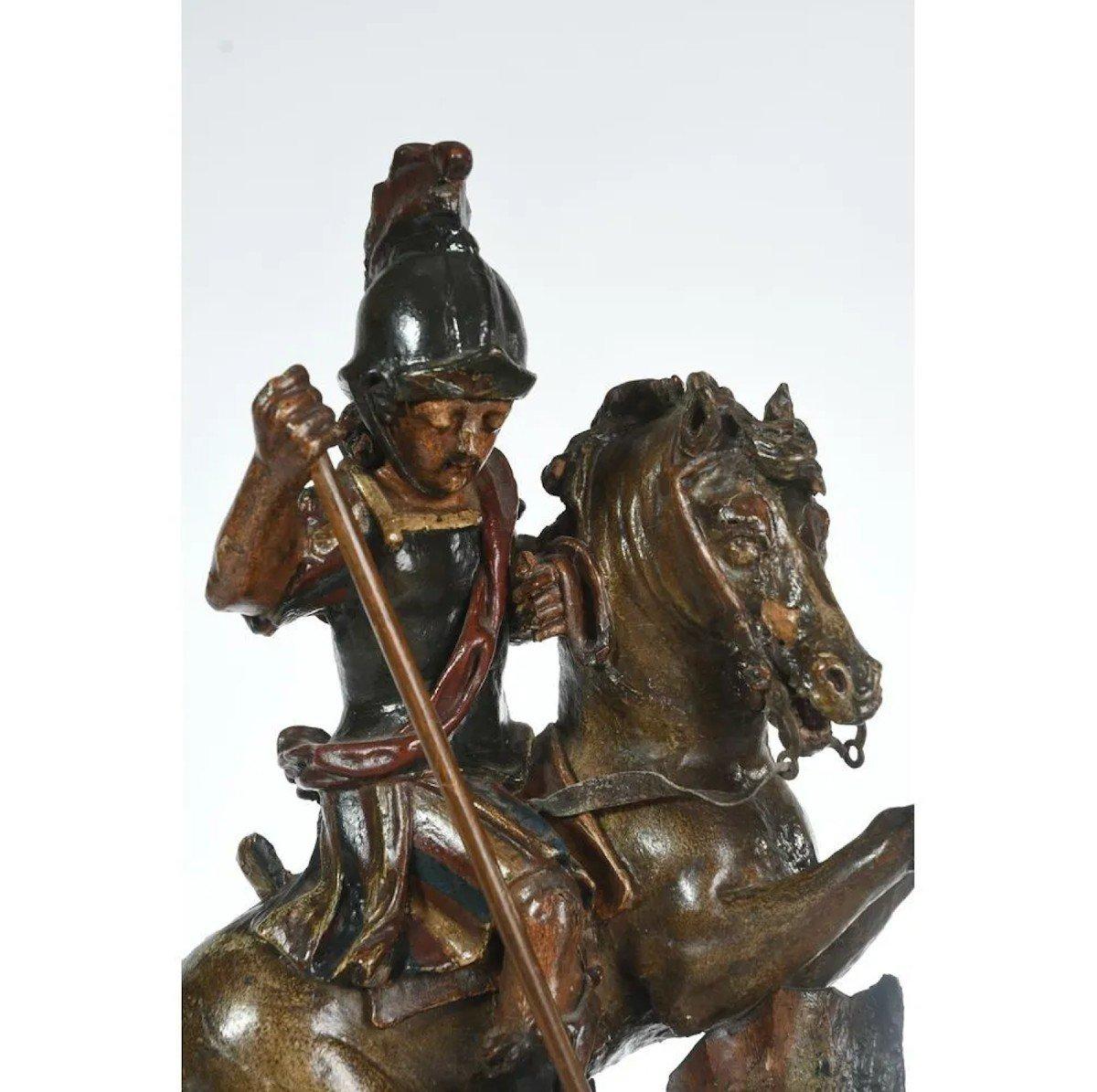 Saint George On Horseback Slaying The Dragon French Work Circa 1650 - Sculpture by Unknown