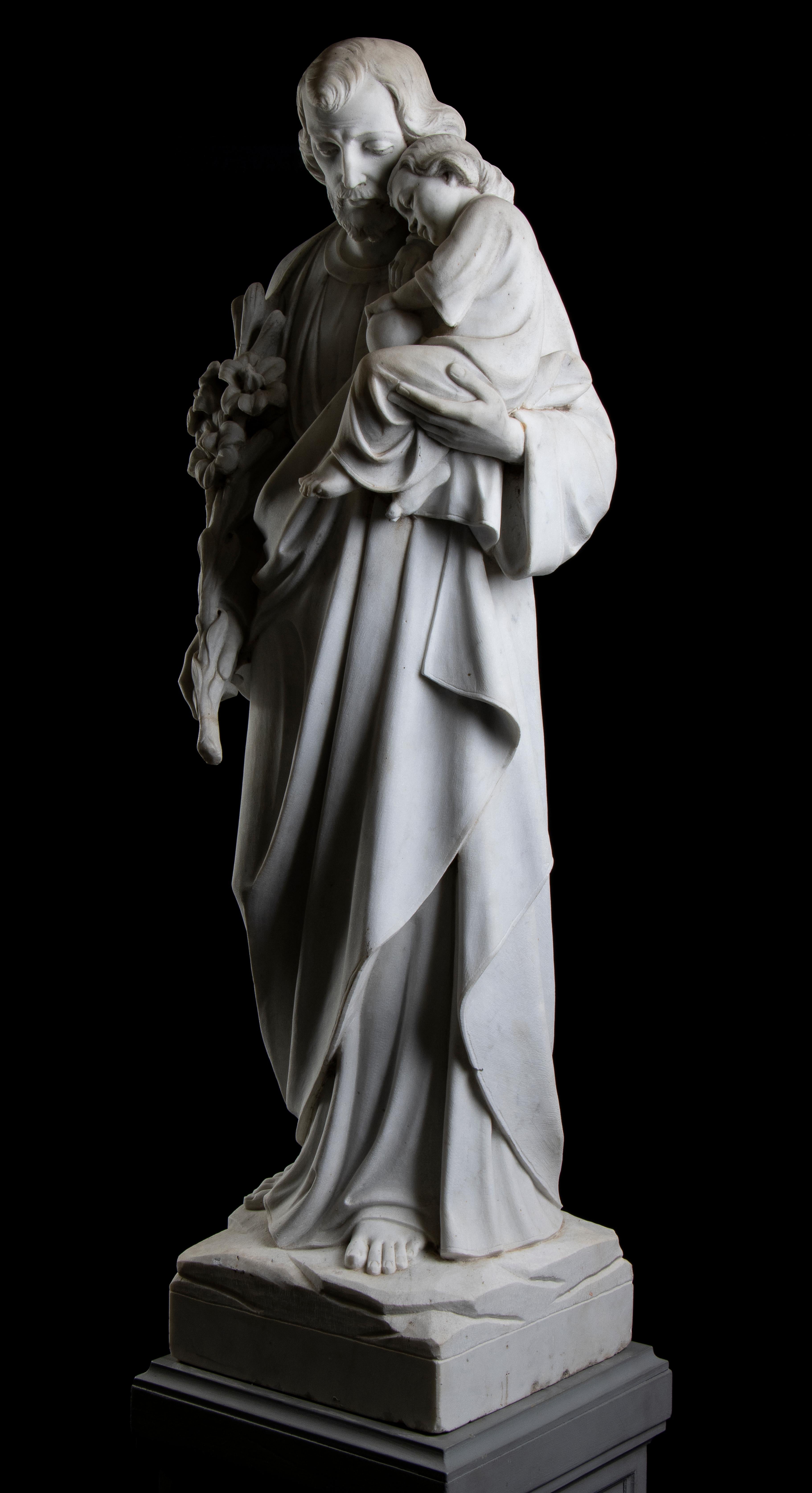 Saint Jospeh With The Infant Jesus White Marble Sculpture Italy 19th Century  For Sale 8