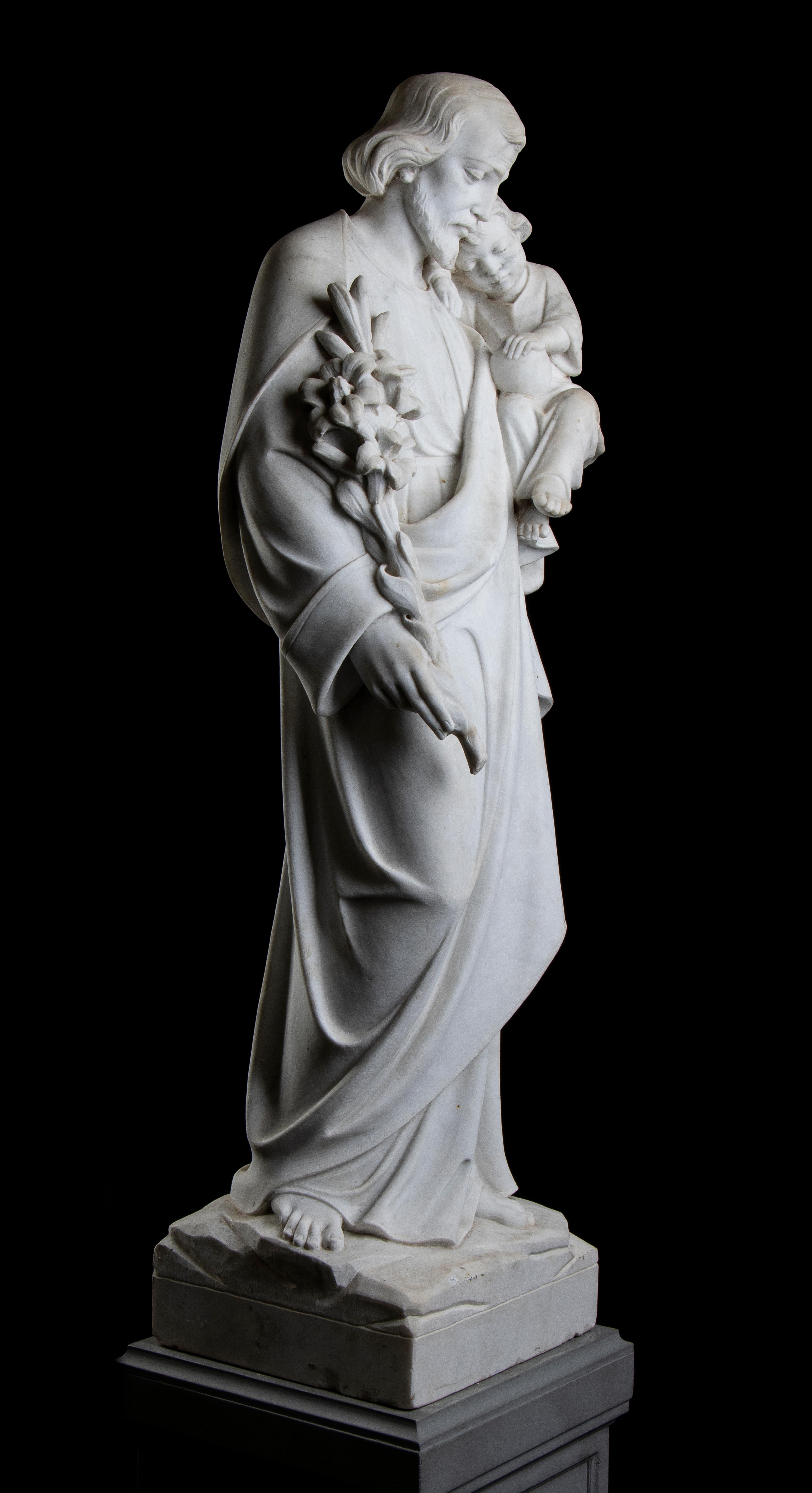 Saint Jospeh With The Infant Jesus White Marble Sculpture Italy 19th Century  For Sale 1