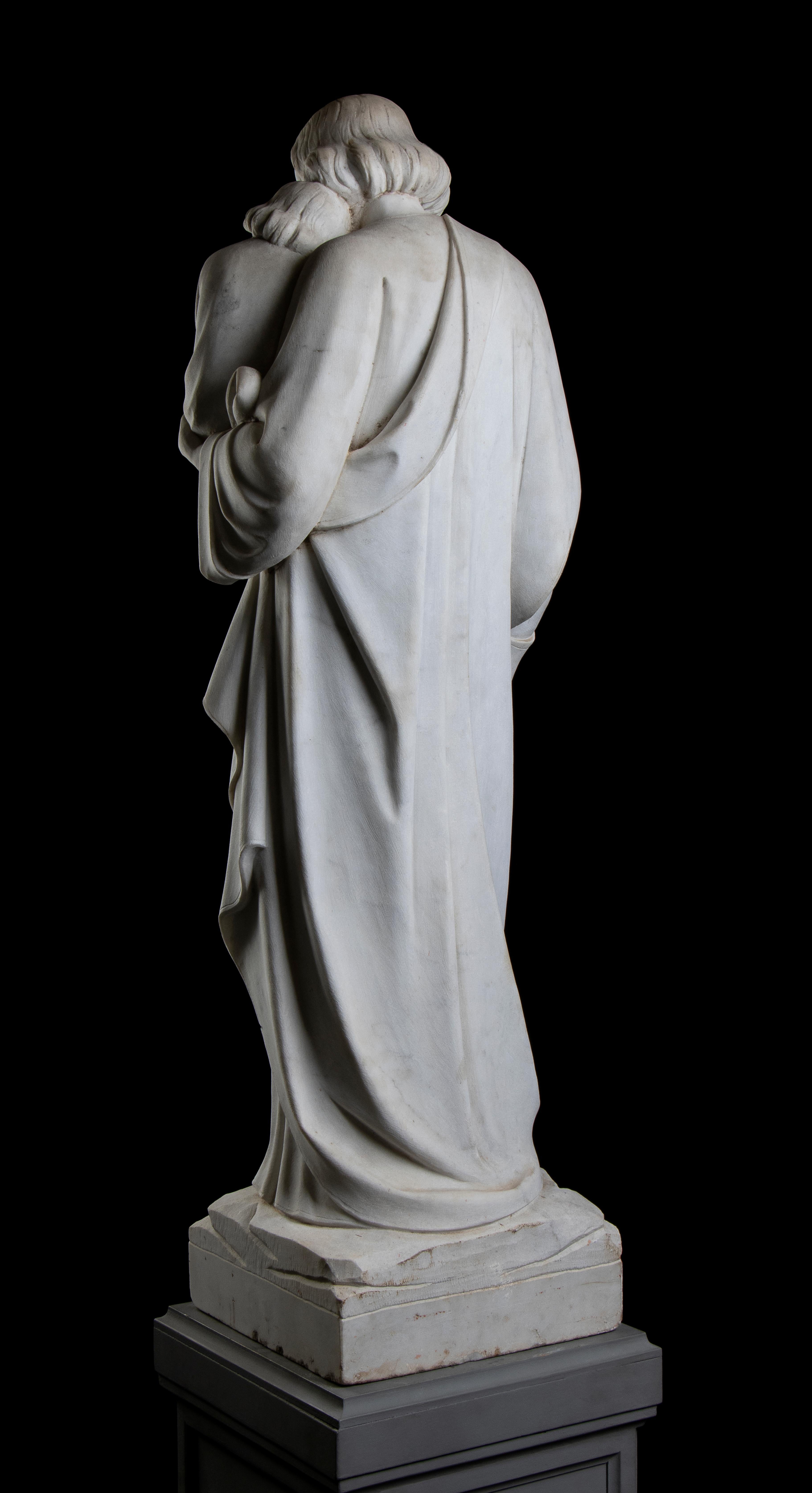 Saint Jospeh With The Infant Jesus White Marble Sculpture Italy 19th Century  For Sale 5