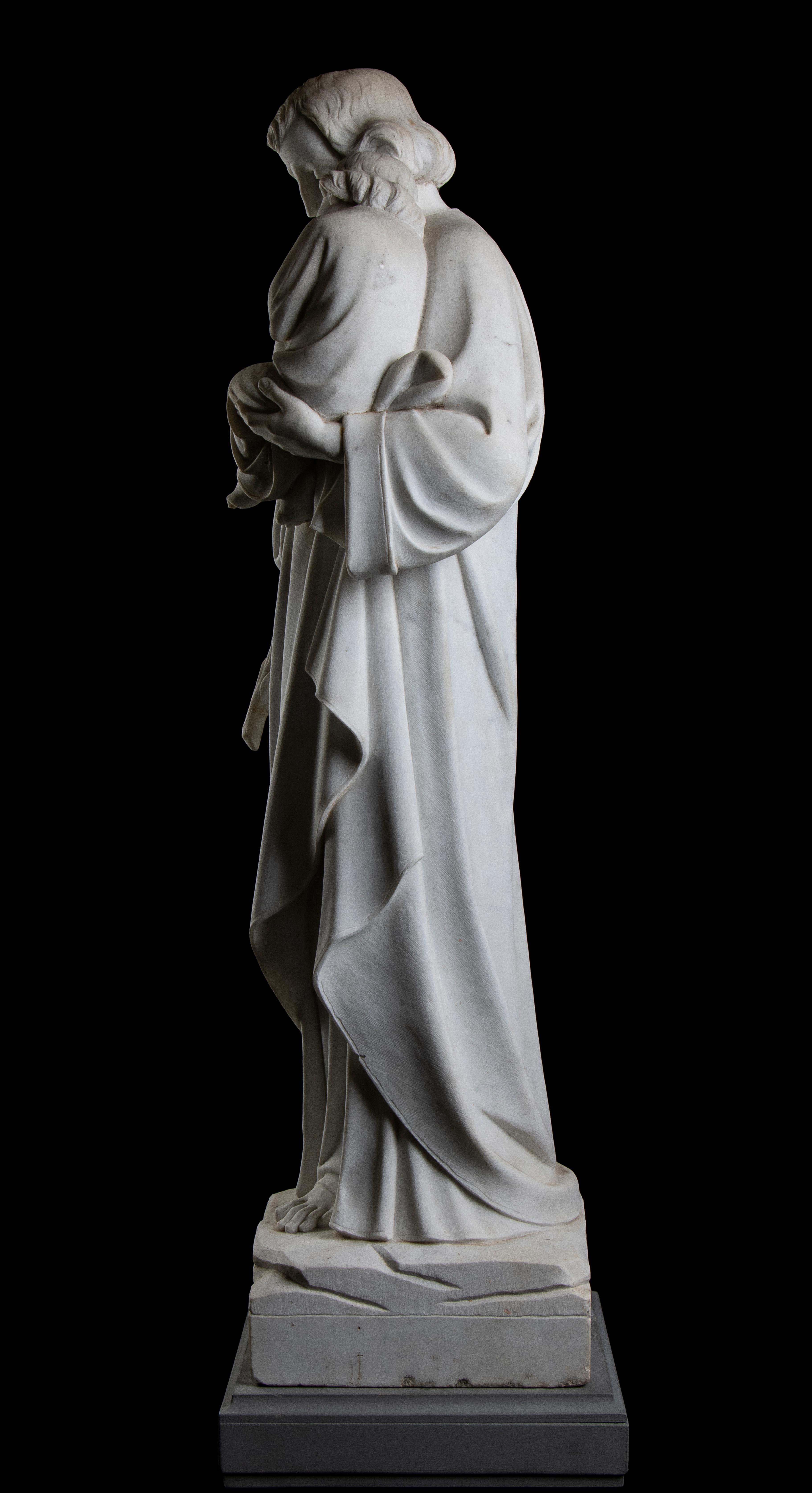 Saint Jospeh With The Infant Jesus White Marble Sculpture Italy 19th Century  For Sale 6