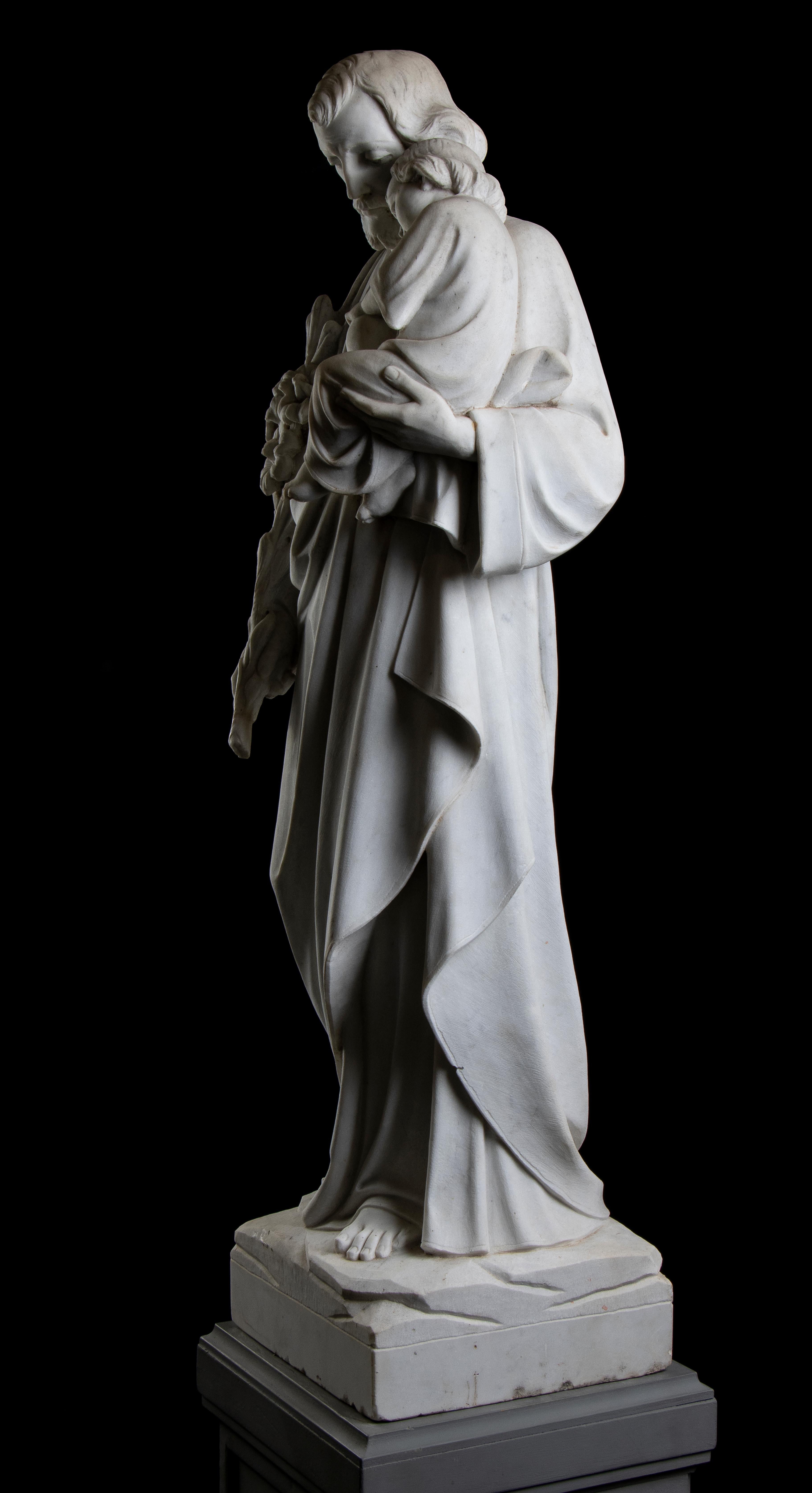 Saint Jospeh With The Infant Jesus White Marble Sculpture Italy 19th Century  For Sale 7