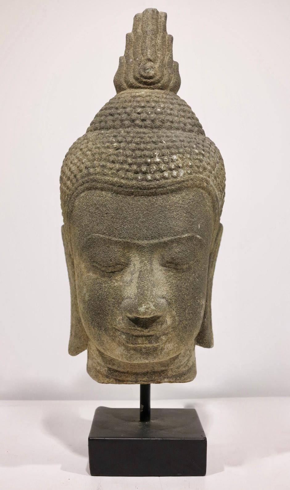 Unknown Figurative Sculpture - Sandstone head of Buddha, Khmer, Angkor period, post-Bayon