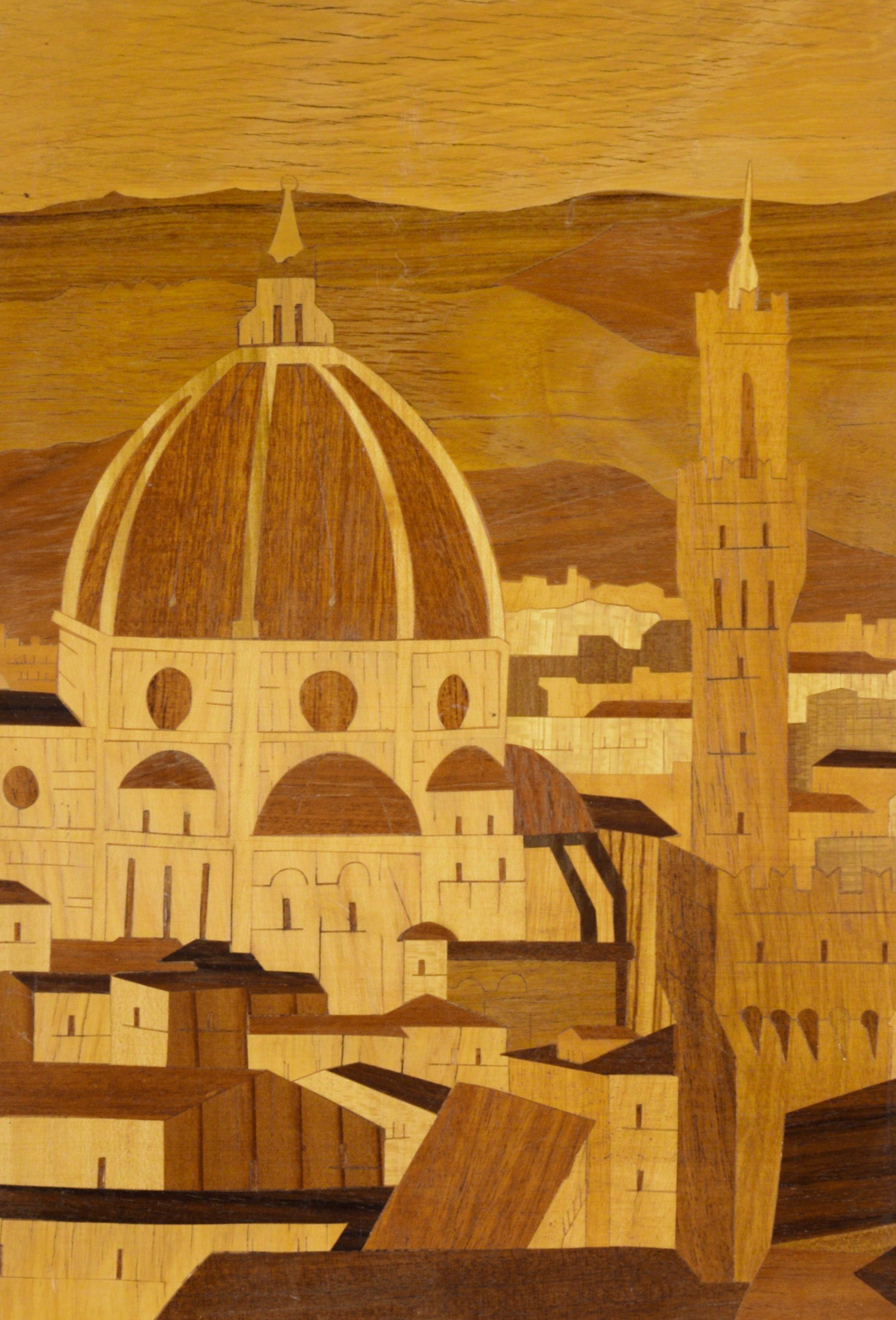 Santa Maria del Fiore Cathedral, Florence, Italy - Inlaid Woodwork

Inlaid woodwork depicting the Santa Maria del Fiore Cathedral in Florence, Italy. The top of the Cathedral is the focal point with shadows of buildings appearing beneath. Mountains