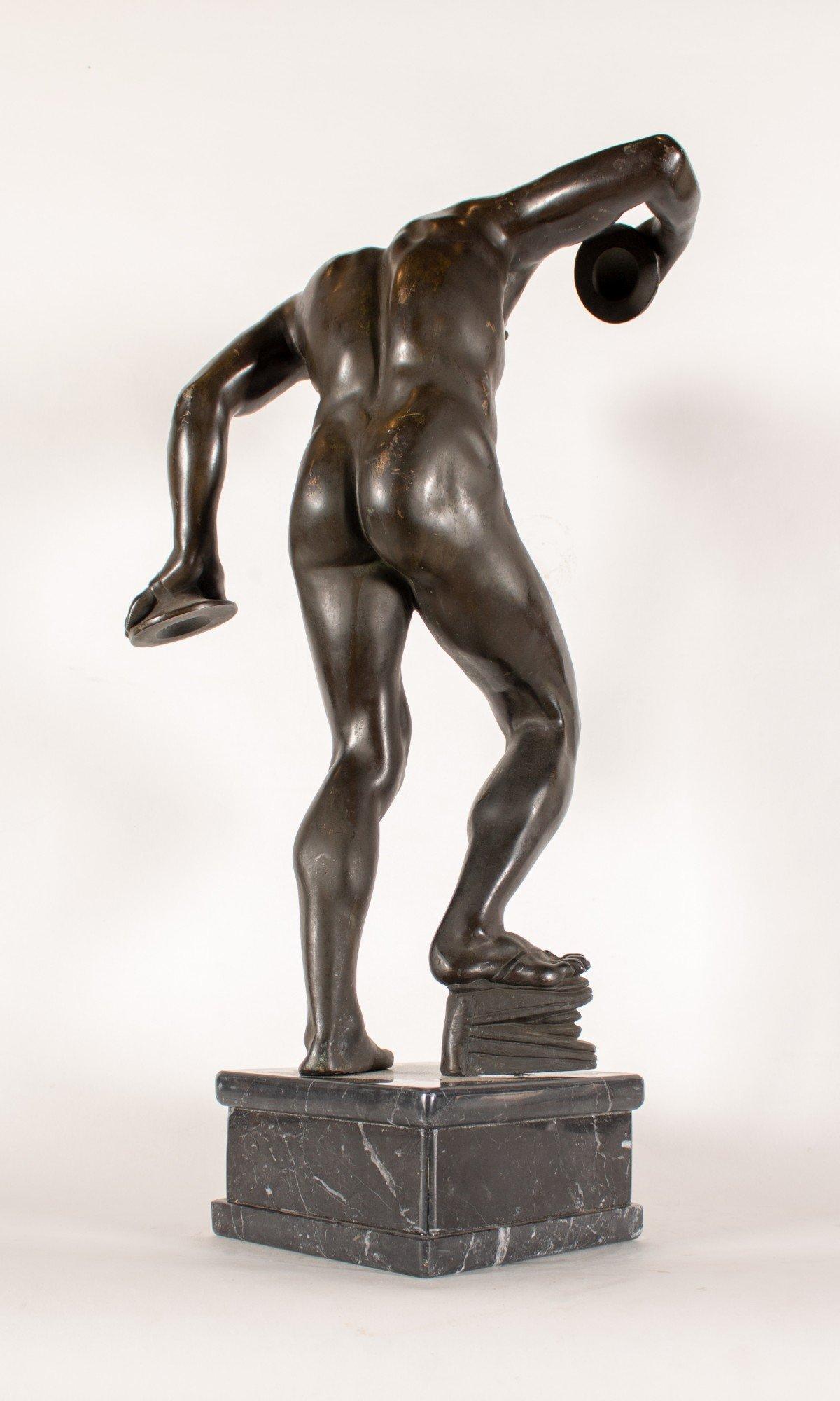 19TH CENTURY CONTINENTAL SCHOOL
Satyr with Cymbals and Kroupezion, Grand Tour after the Antique
Bronze with marble base
26 in. h. x 15 in. w. x 10 in. d.

This dancing faun is now more precisely identified as a satyr. Satyrs are roguish figures from