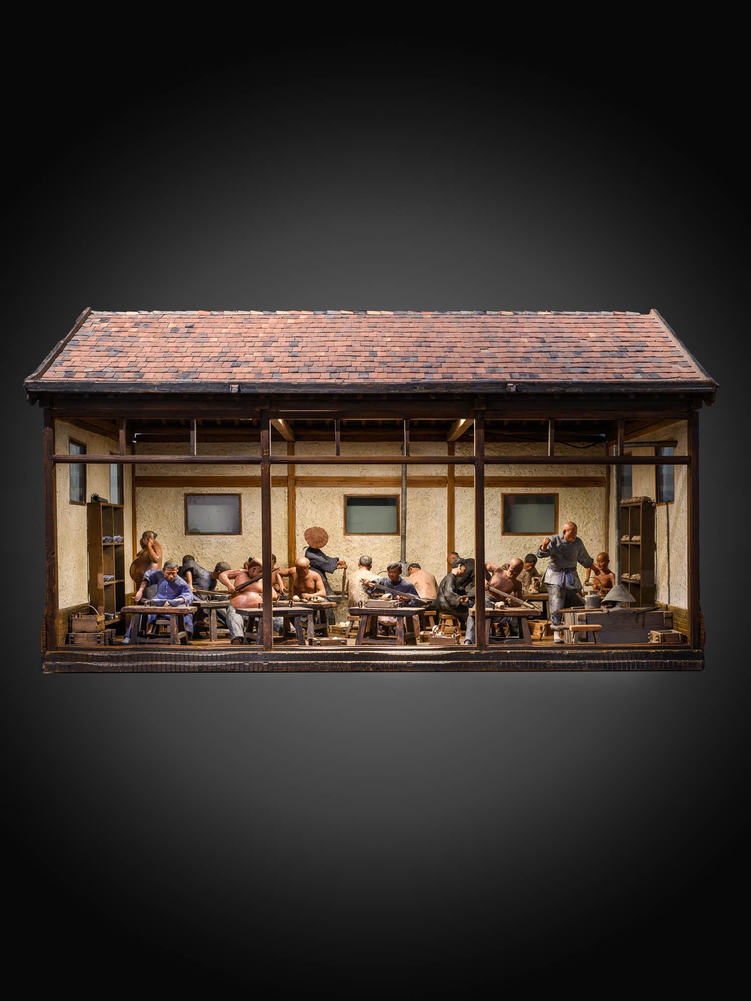 Scaled model of Chinese Ceramic workshop with 17 polychromed figures.End 19th C For Sale 1