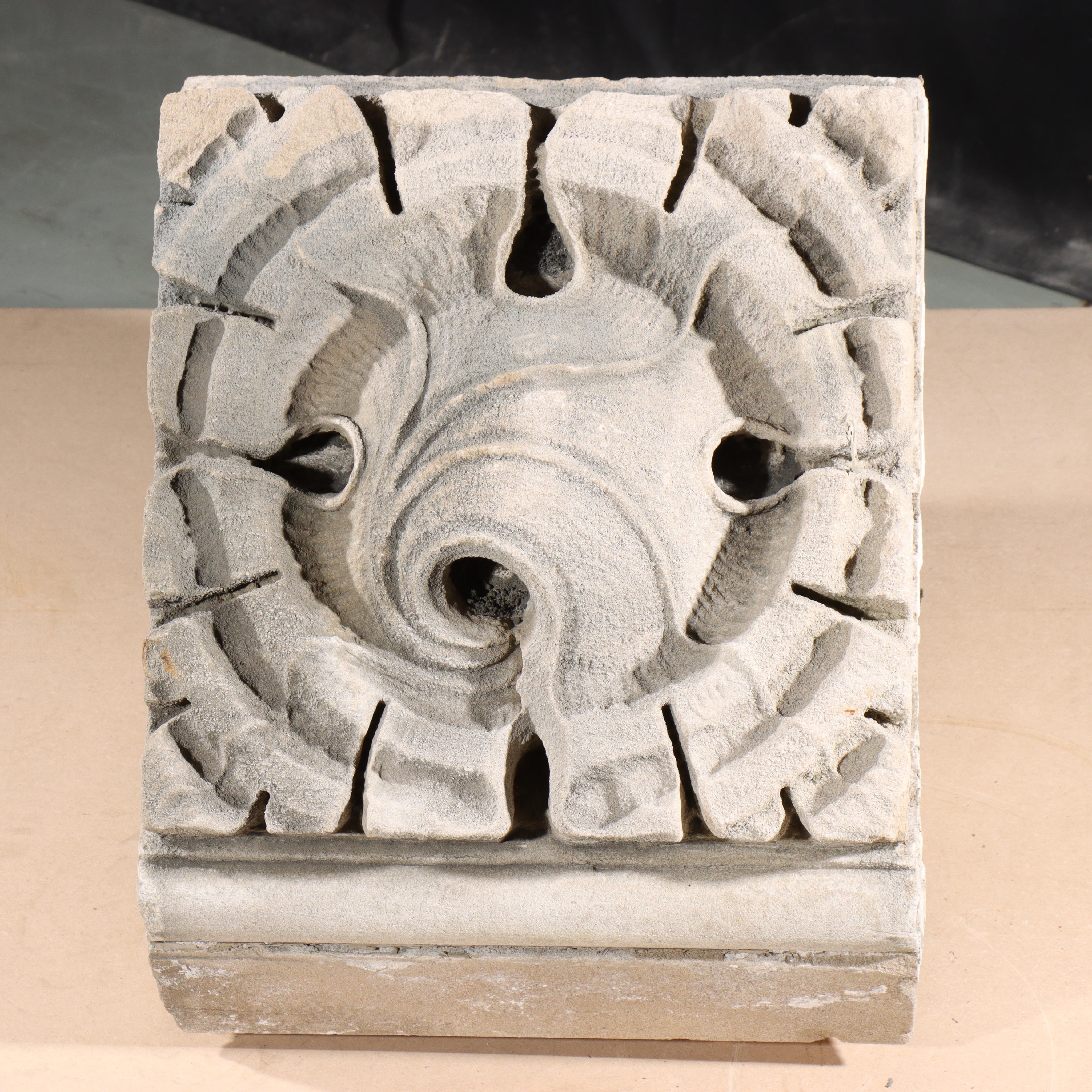 Scrolled leaf rosette foliate border block roundel end; Gothic Limestone Carving - Beige Figurative Sculpture by Unknown