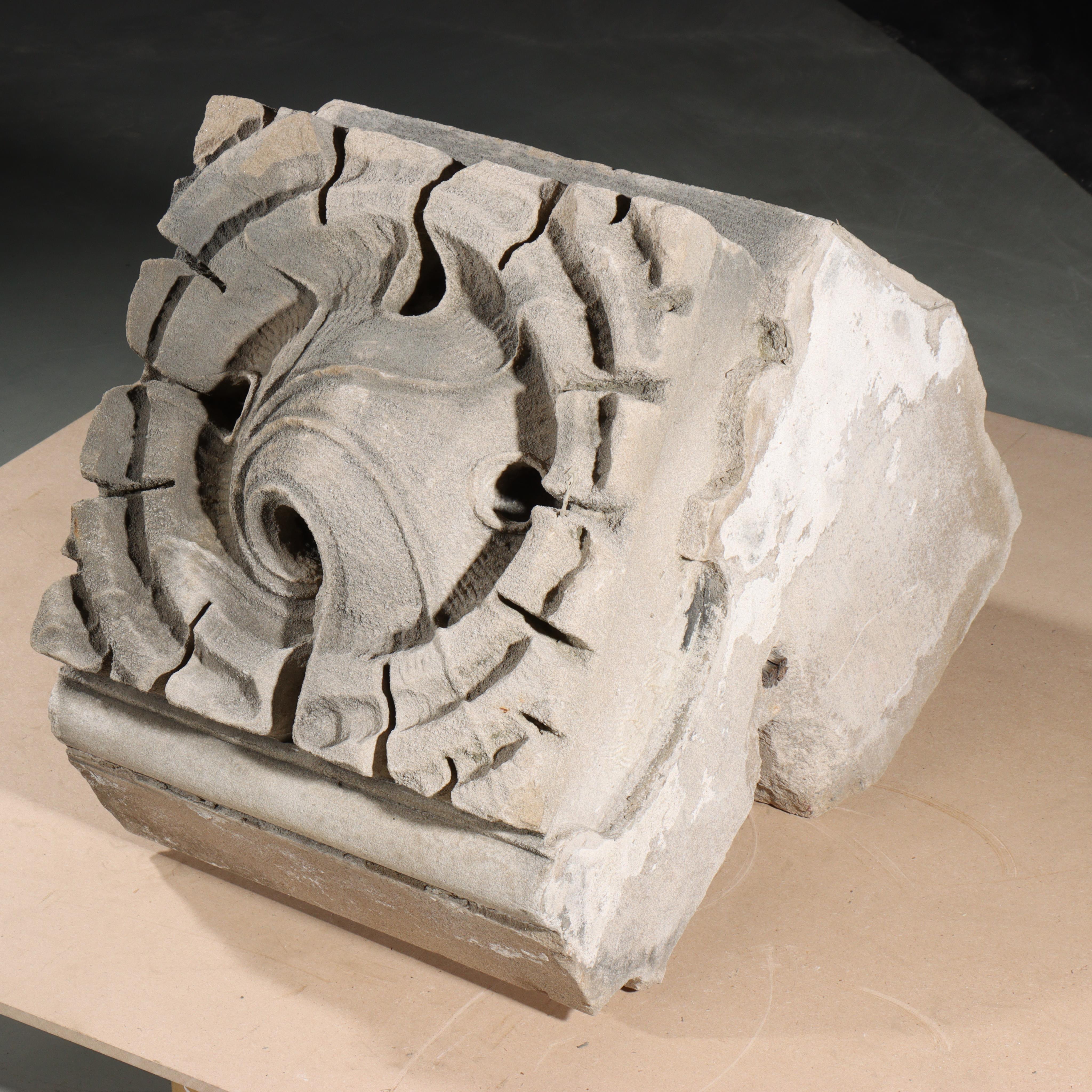 Scrolled leaf rosette foliate border block roundel end; Gothic Limestone Carving For Sale 3