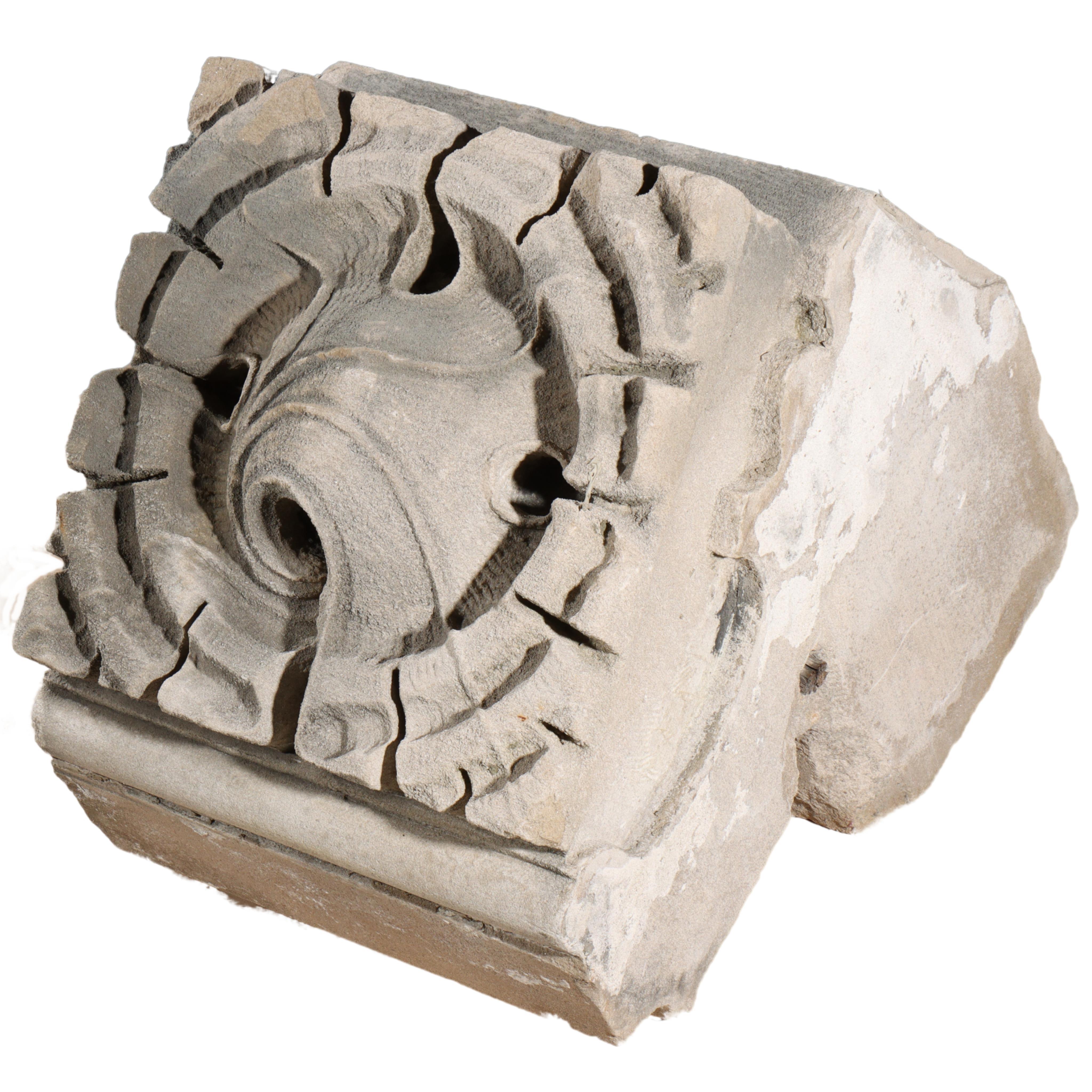 Unknown Figurative Sculpture - Scrolled leaf rosette foliate border block roundel end; Gothic Limestone Carving