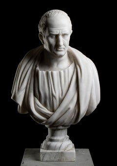 Scultura Busto Ritratto di Cicerone Bianco Statuario in Marmo Classico Romano 20°