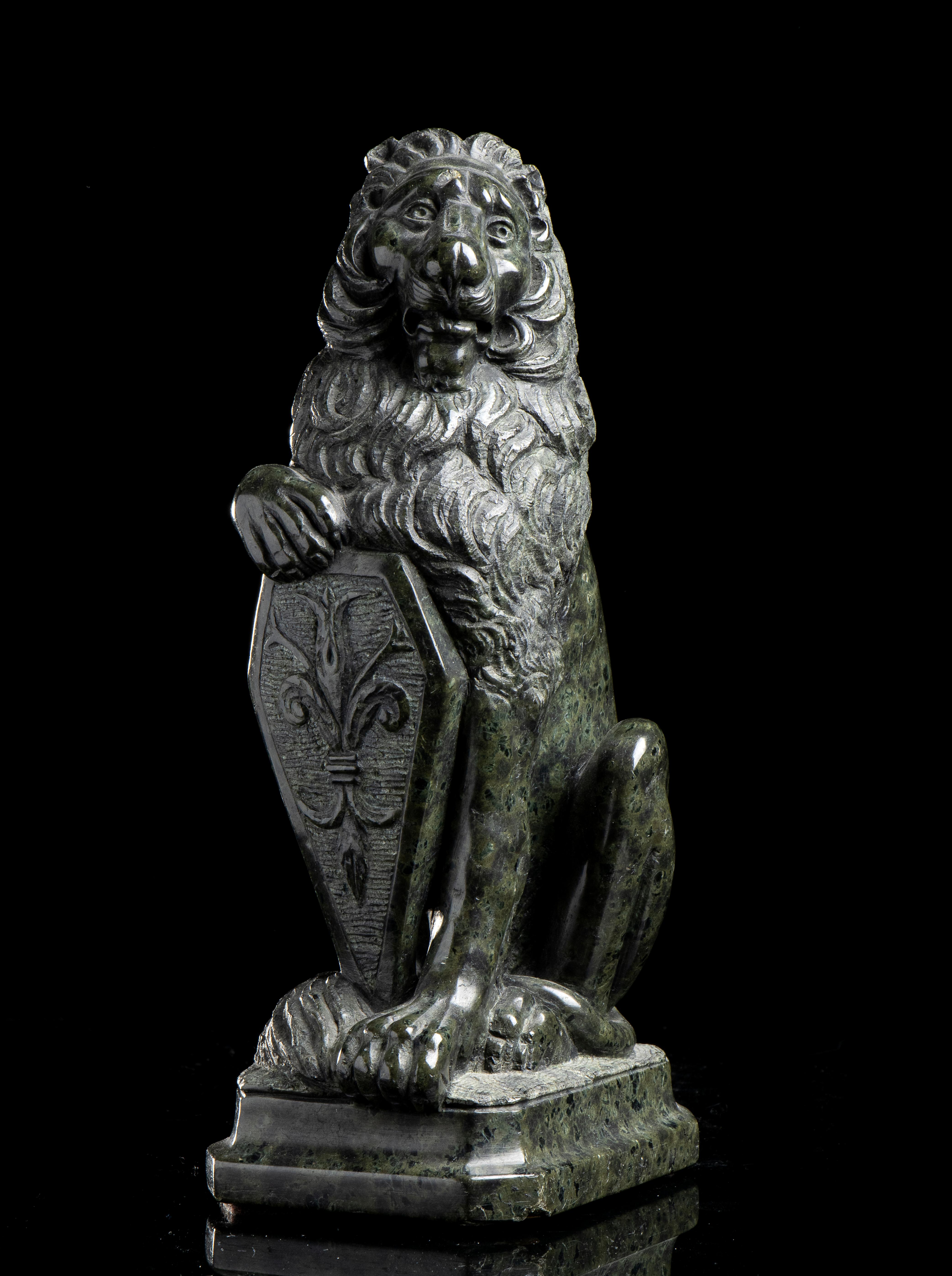 Carved in the green marble know as verde prato, by a Florentine sculptor of the XX century this grand tour version of the Leone "Marzocco" is an exquisite example of elegance and heritage.
The Marzocco is the heraldic lion symbol of Florence and was