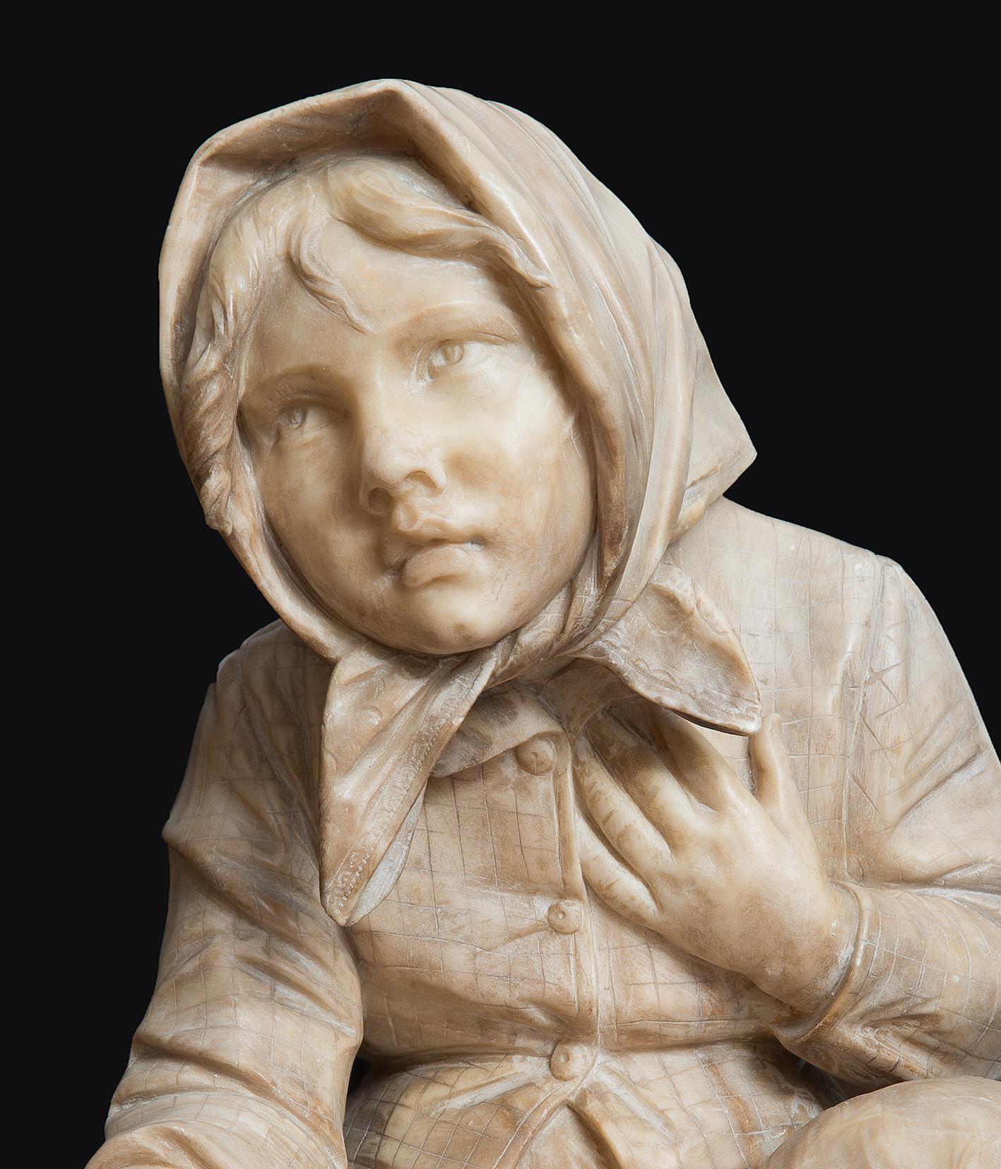 Antique alabaster sculpture depicting begging children. - Sculpture by Unknown